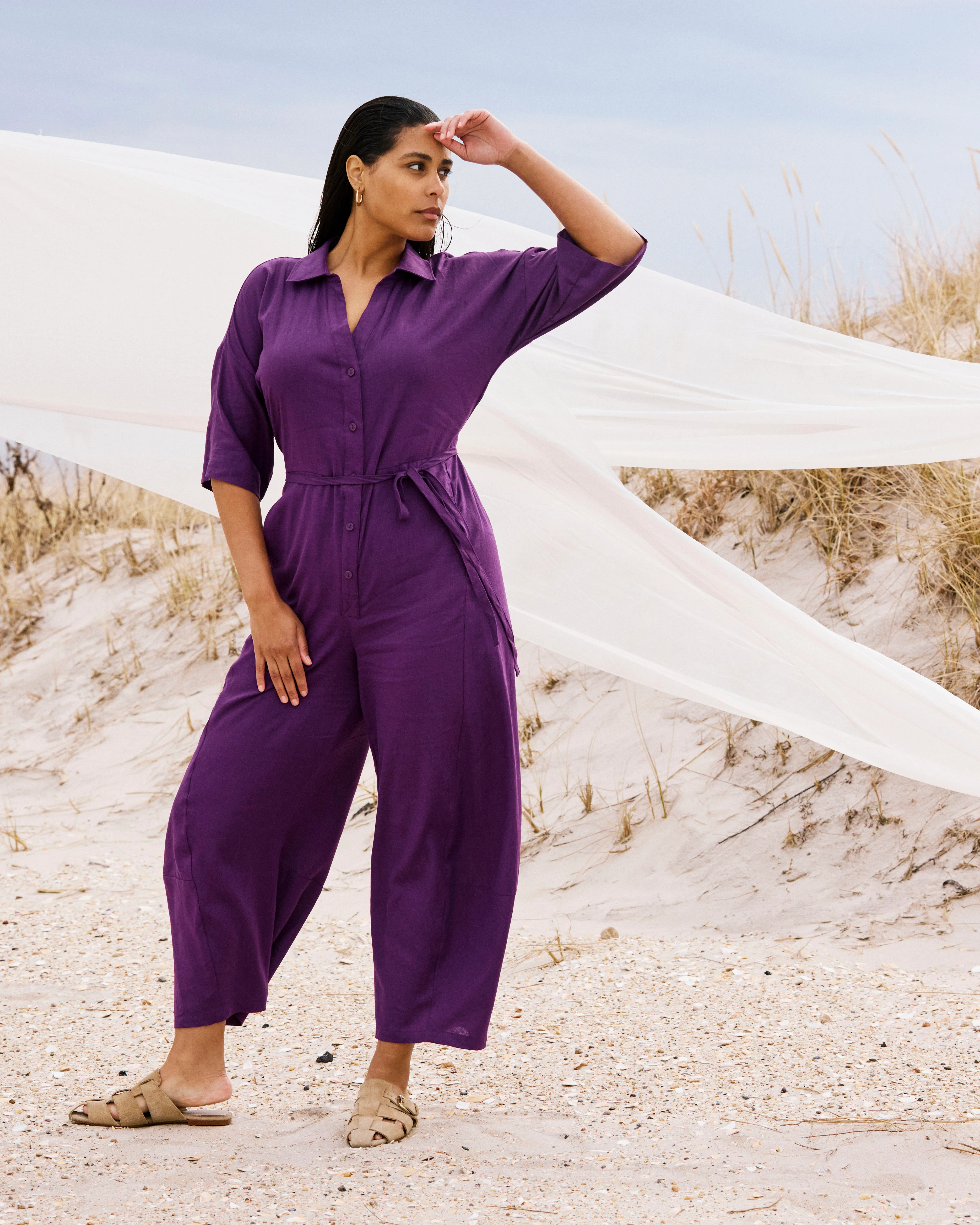 Maggie Barrel Leg Linen Blend Jumpsuit - Dreamy Purple - Image 3