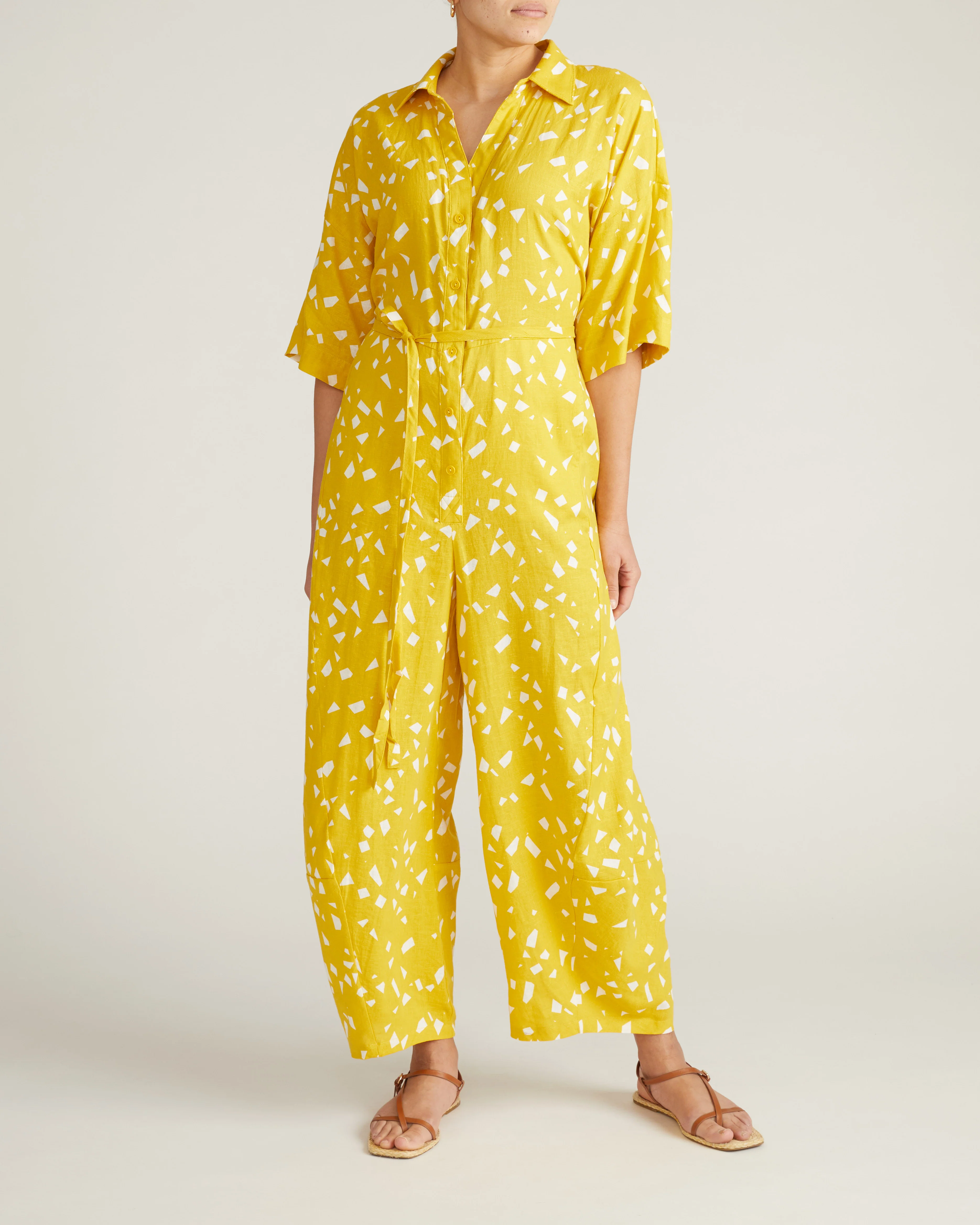 Maggie Barrel Leg Linen Blend Jumpsuit - Yellow Confetti Print - Image 3