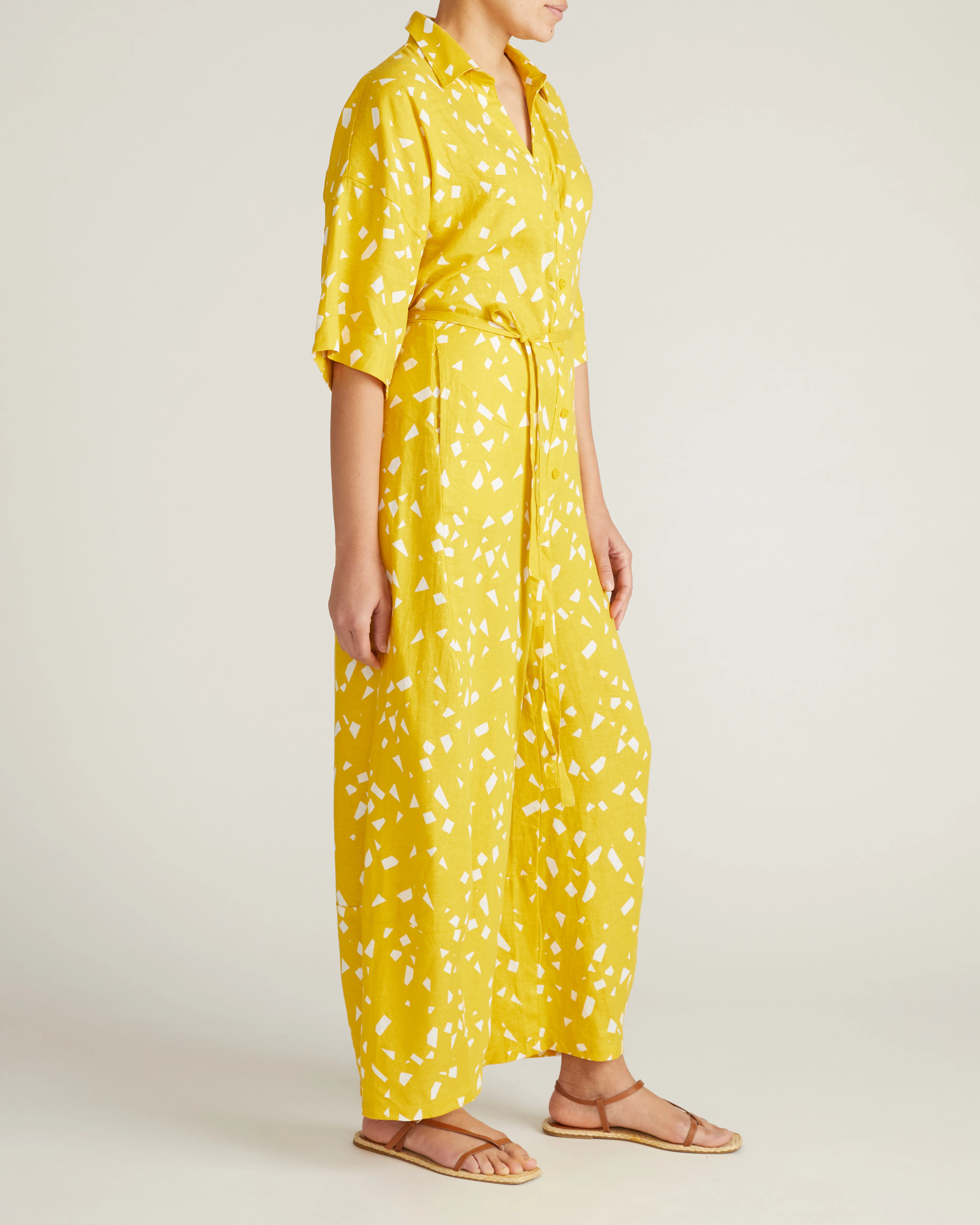 Maggie Barrel Leg Linen Blend Jumpsuit - Yellow Confetti Print - Image 4