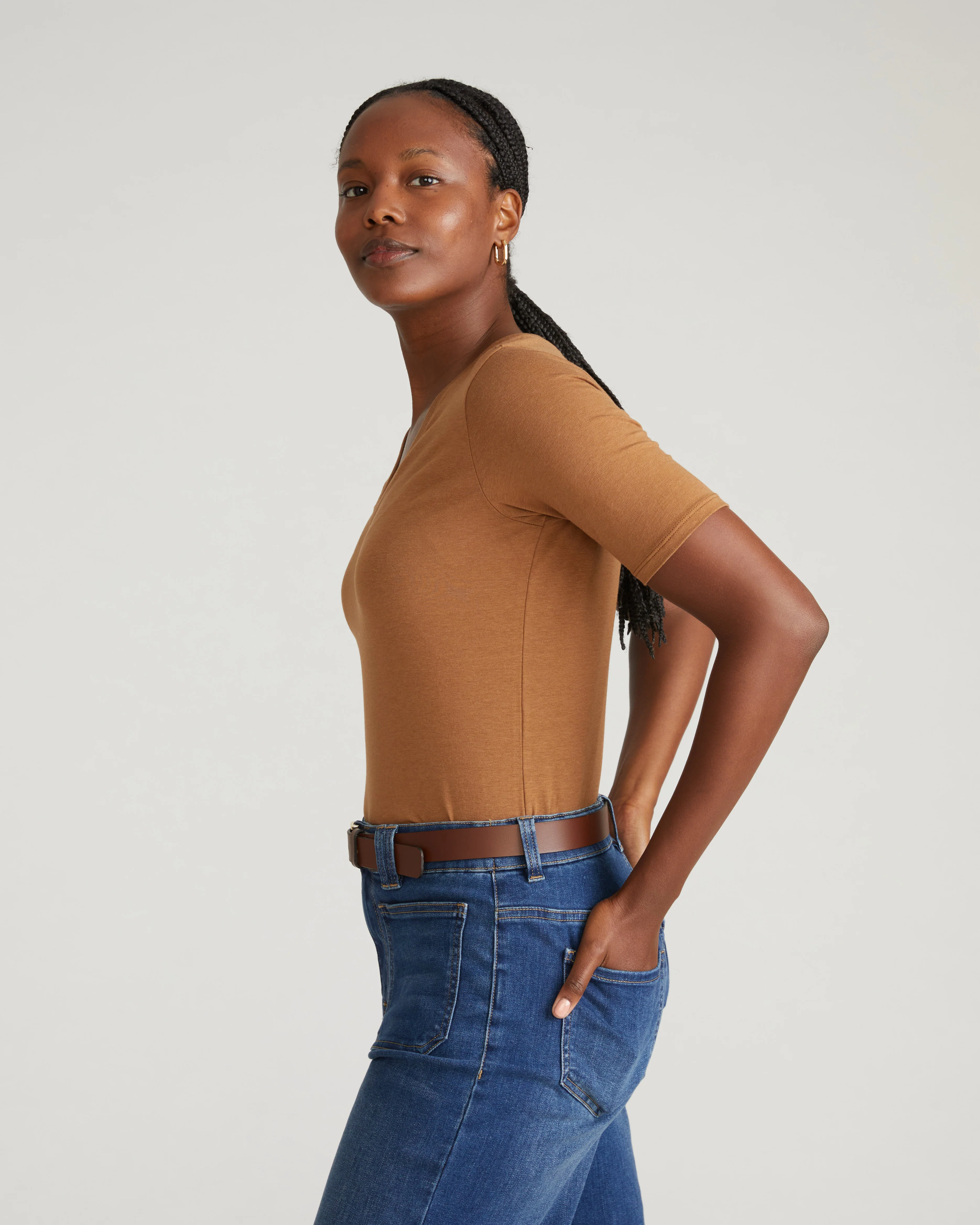Maia Stovepipe Sleeve V Neck Tee - Classic Camel - Image 3