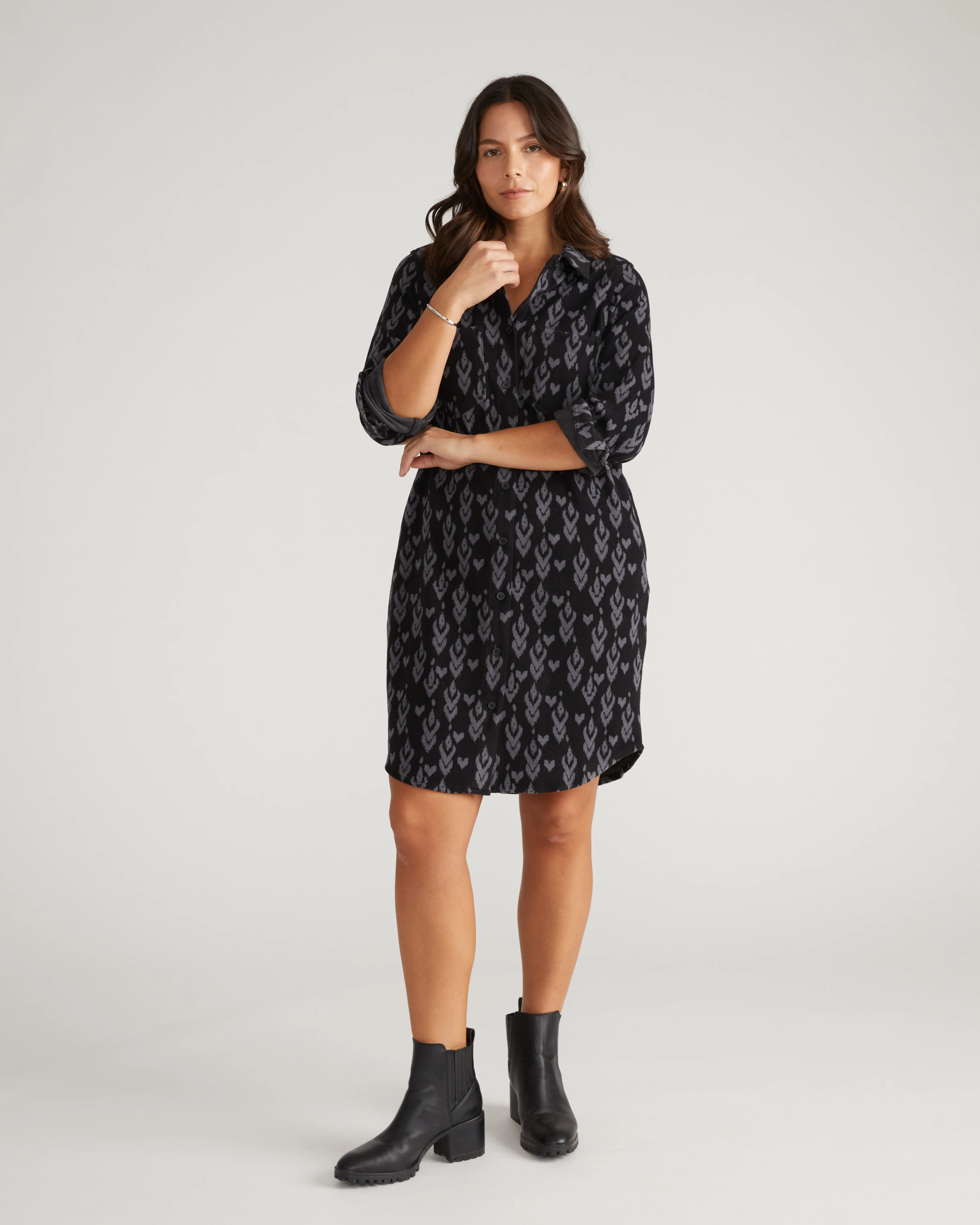 Maine Stretch Flannel Shirtdress - Indigo Ikat Arrow