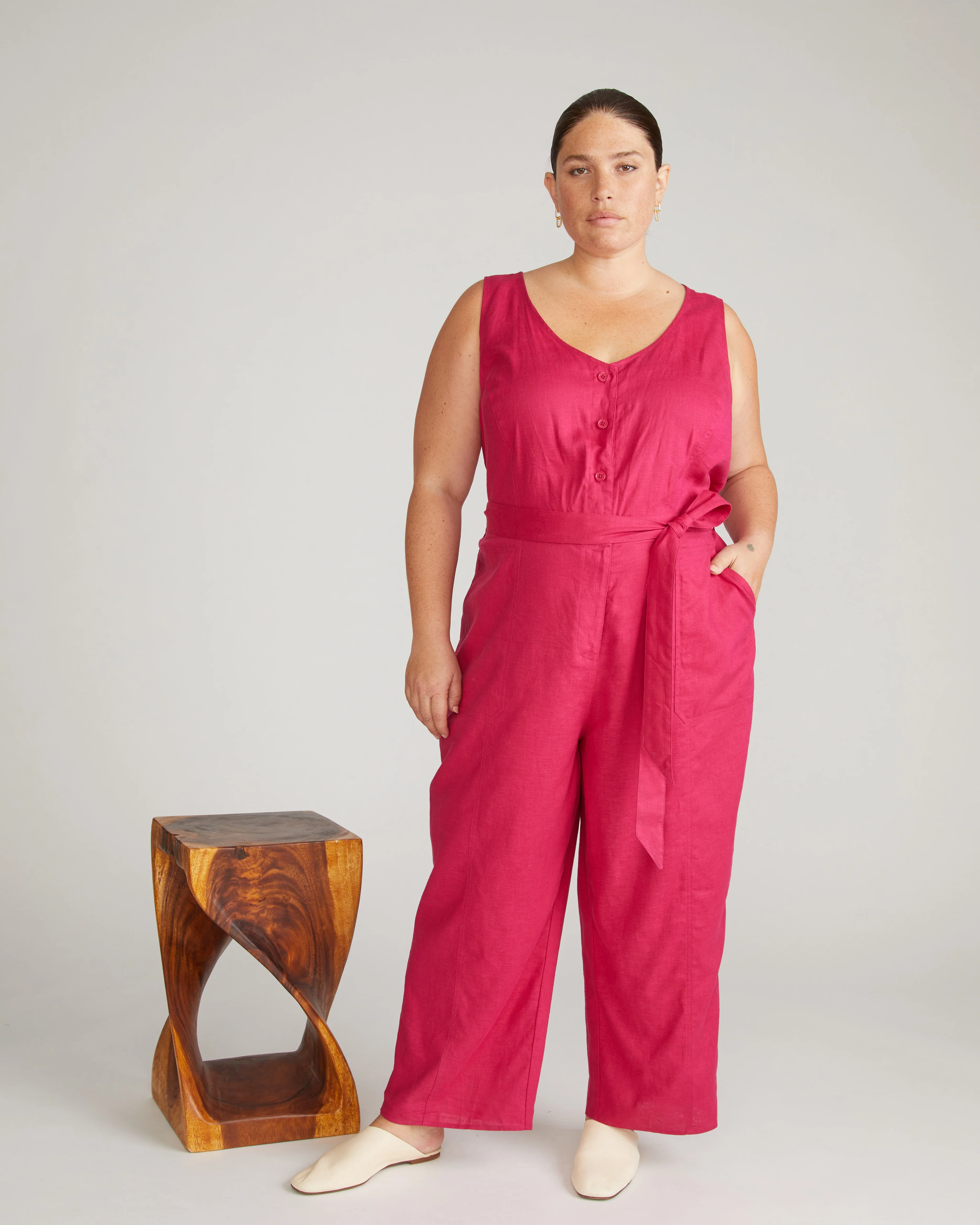 Matilda Linen Blend Jumpsuit - Cerise - Image 3
