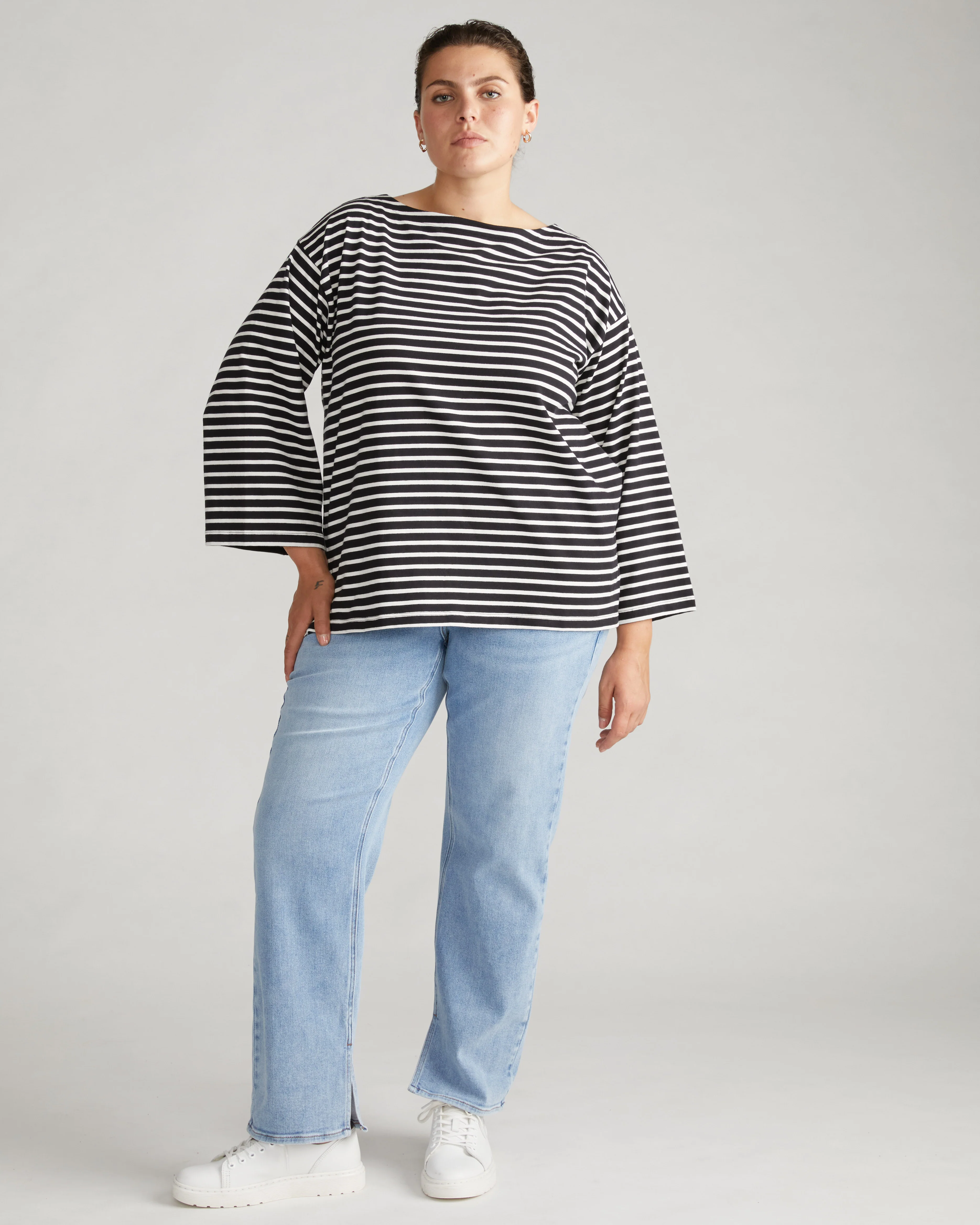 Montauk Breton Stripe Bell Sleeve Top - Black/White Stripe - Image 3