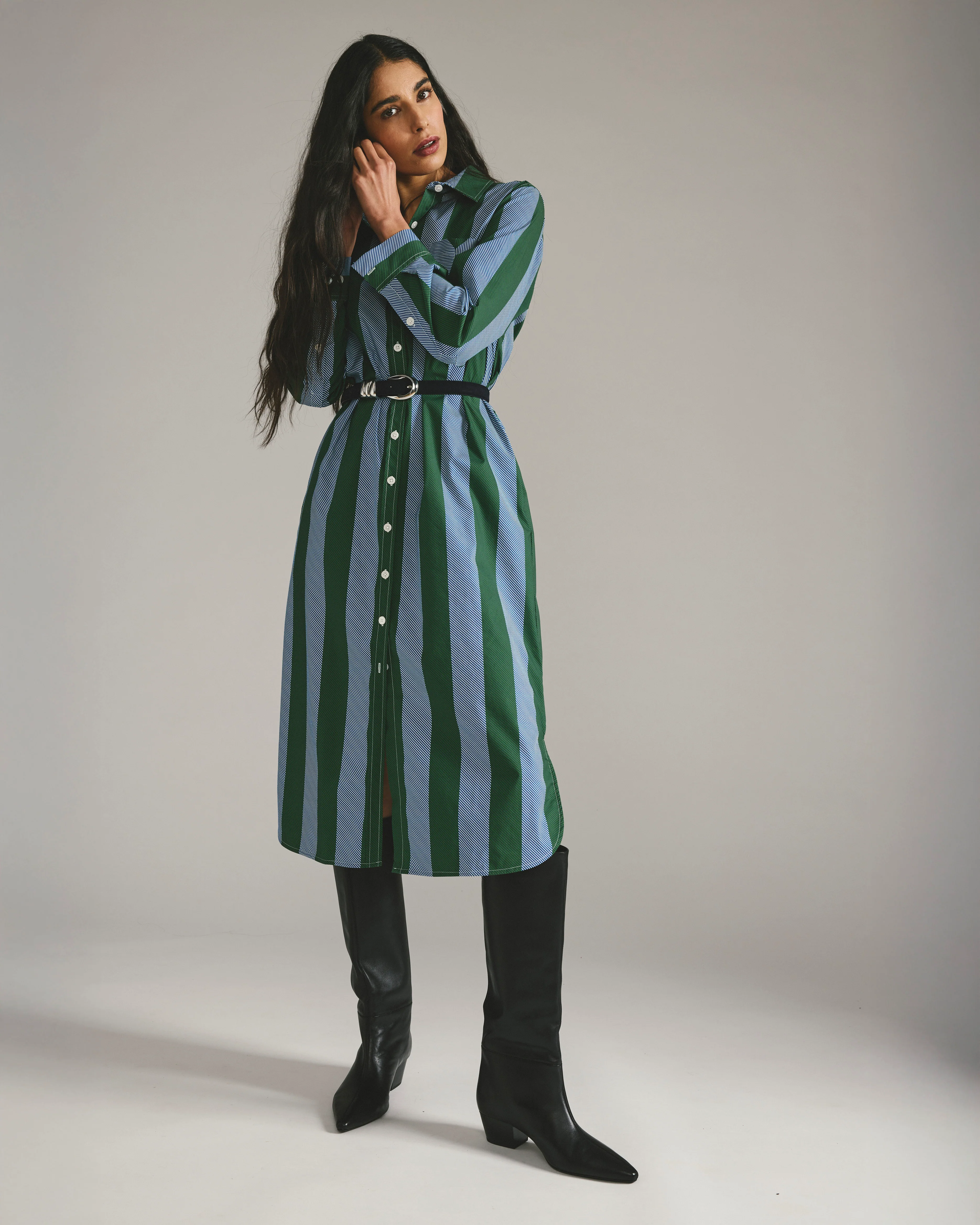 Odeon Stretch Poplin Shirtdress - Green/Blue Directional Stripe