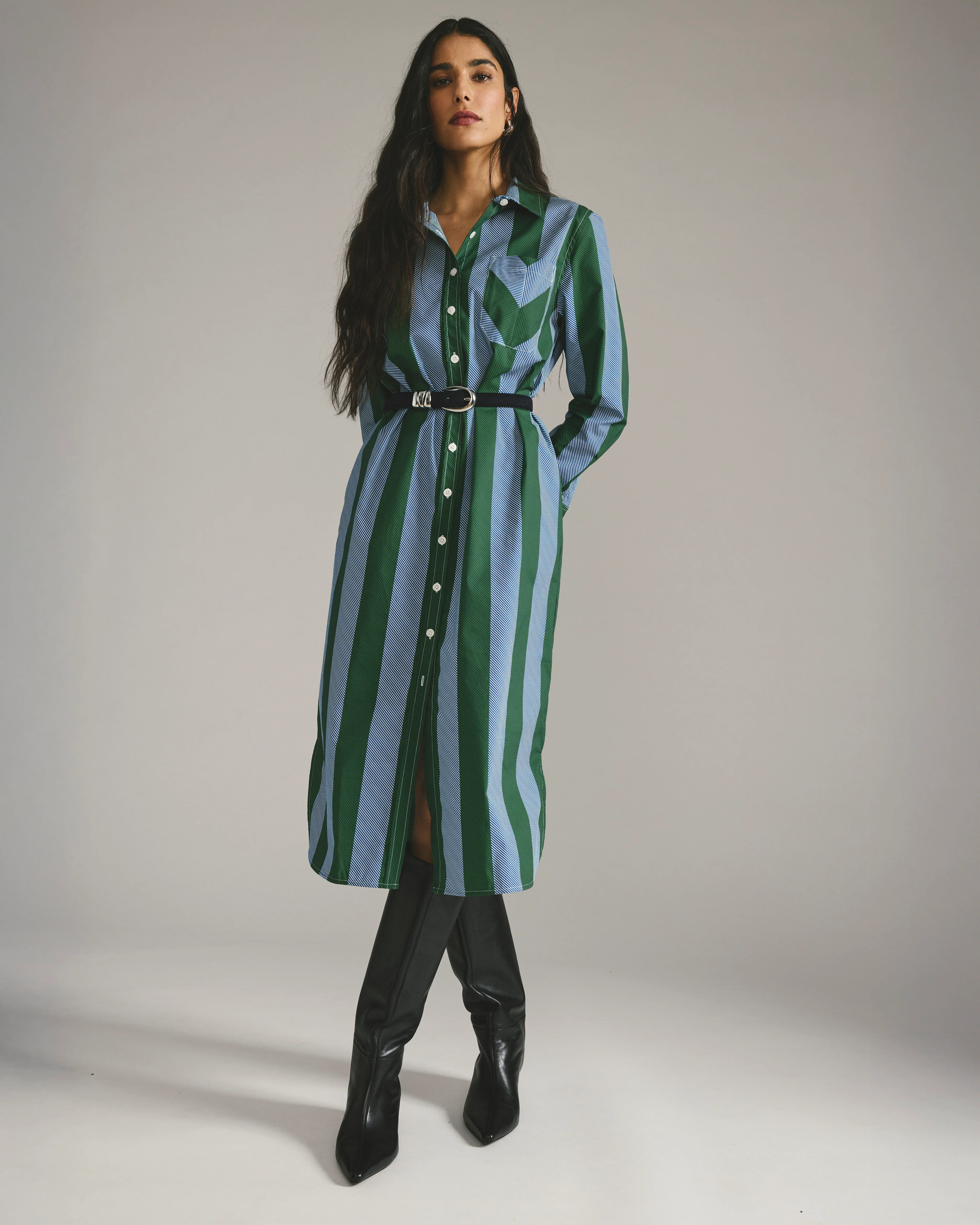 Odeon Stretch Poplin Shirtdress - Green/Blue Directional Stripe - Image 3