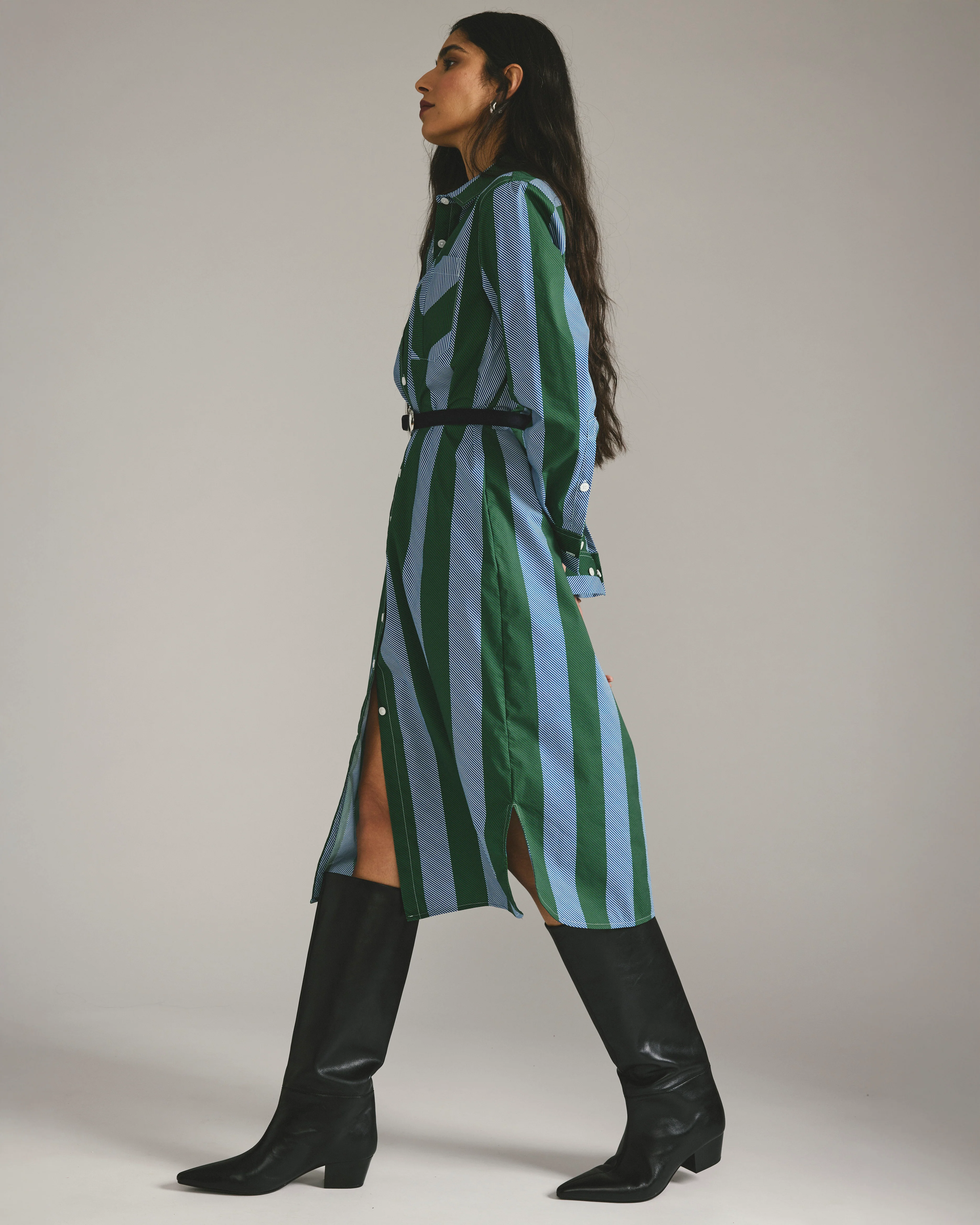 Odeon Stretch Poplin Shirtdress - Green/Blue Directional Stripe - Image 4