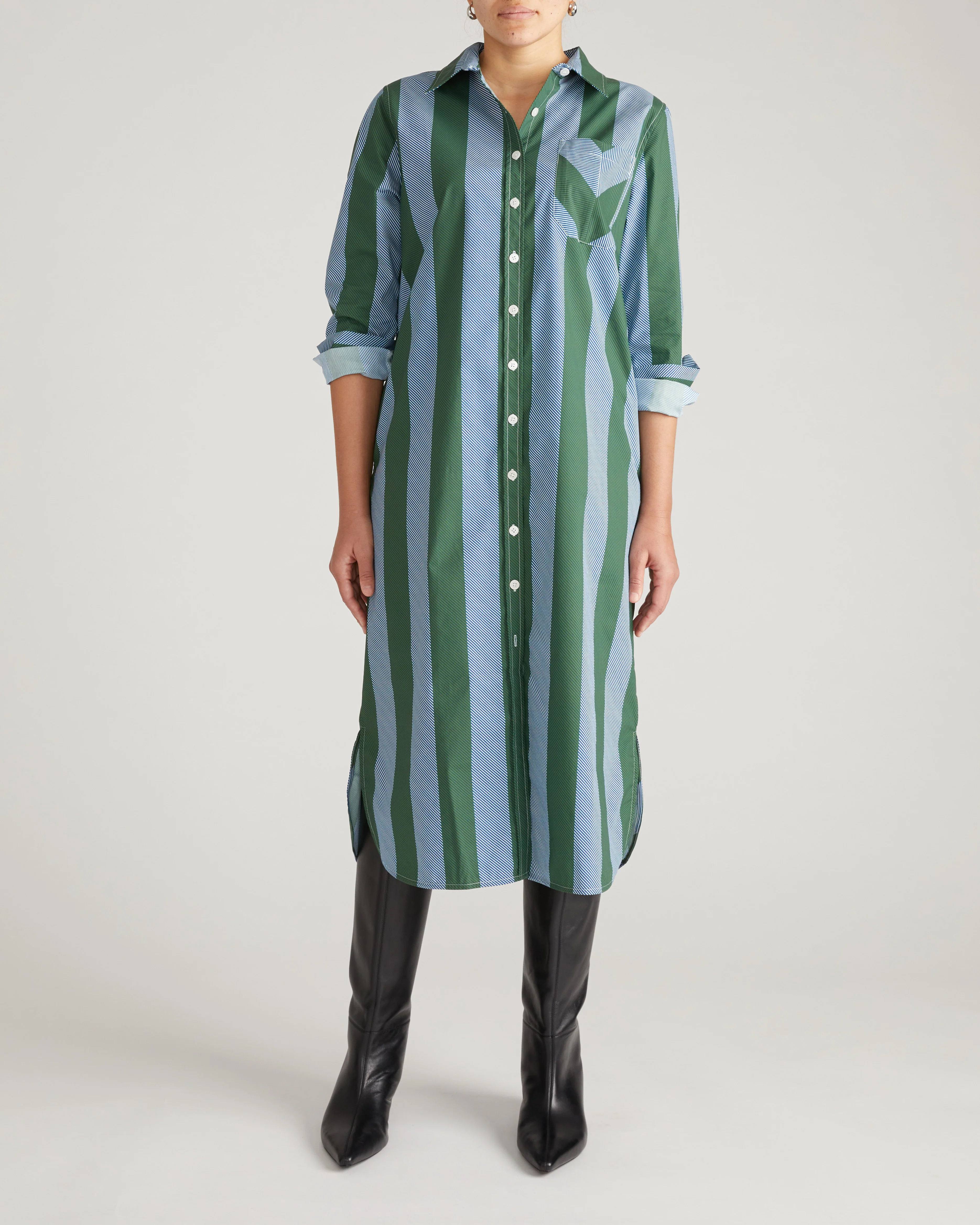 Odeon Stretch Poplin Shirtdress - Green/Blue Directional Stripe - Image 5