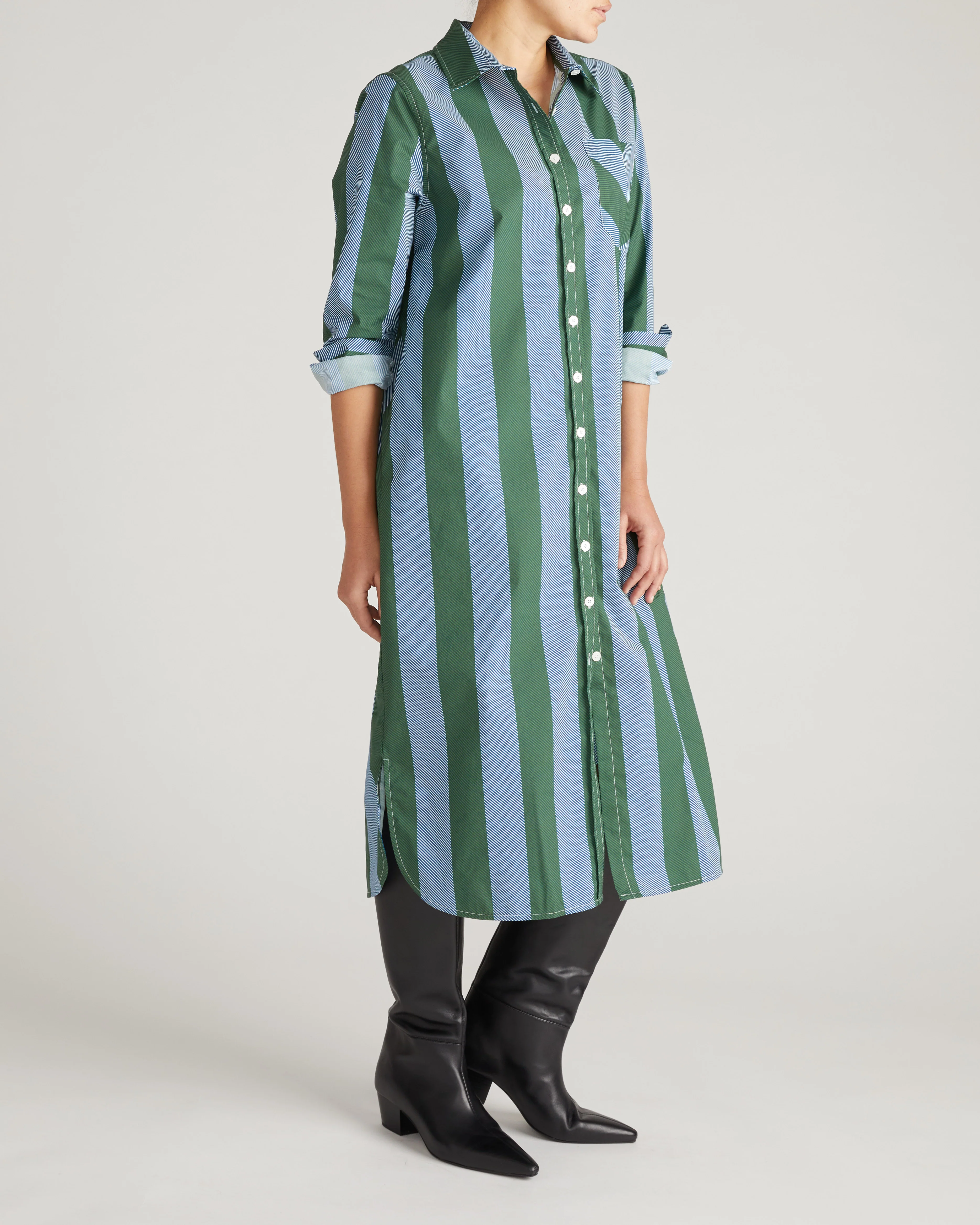 Odeon Stretch Poplin Shirtdress - Green/Blue Directional Stripe - Image 6