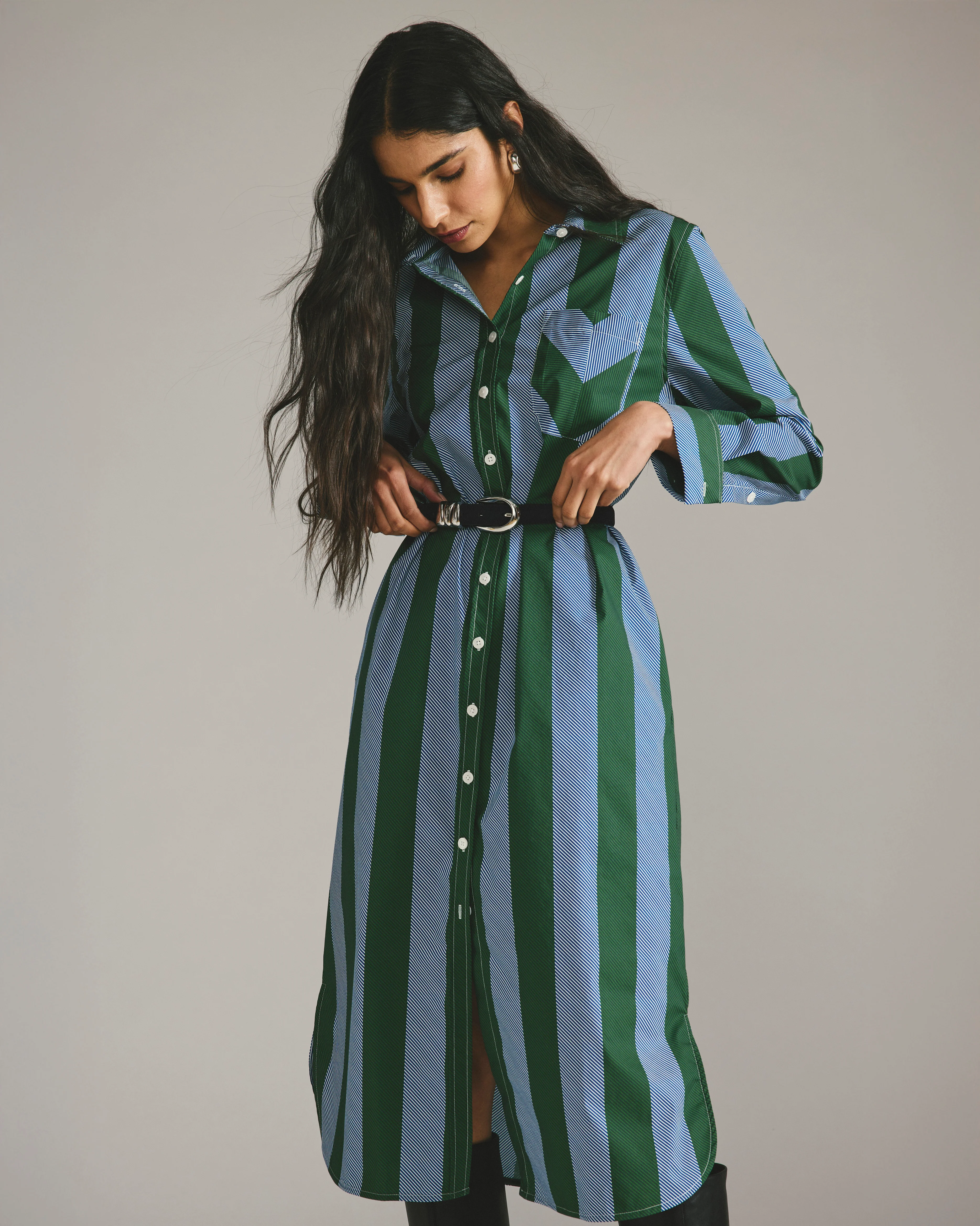 Odeon Stretch Poplin Shirtdress - Green/Blue Directional Stripe - Image 8