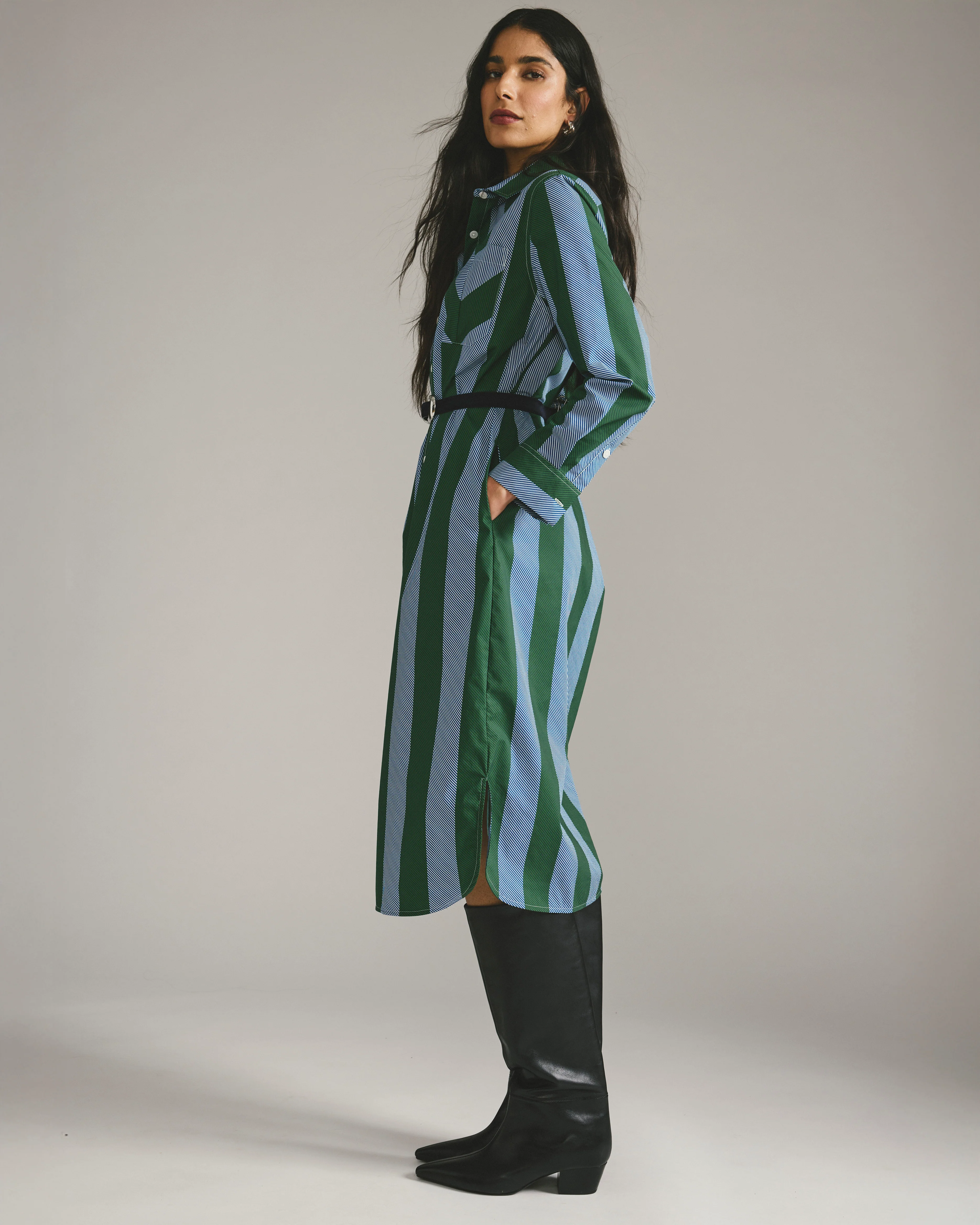 Odeon Stretch Poplin Shirtdress - Green/Blue Directional Stripe - Image 9
