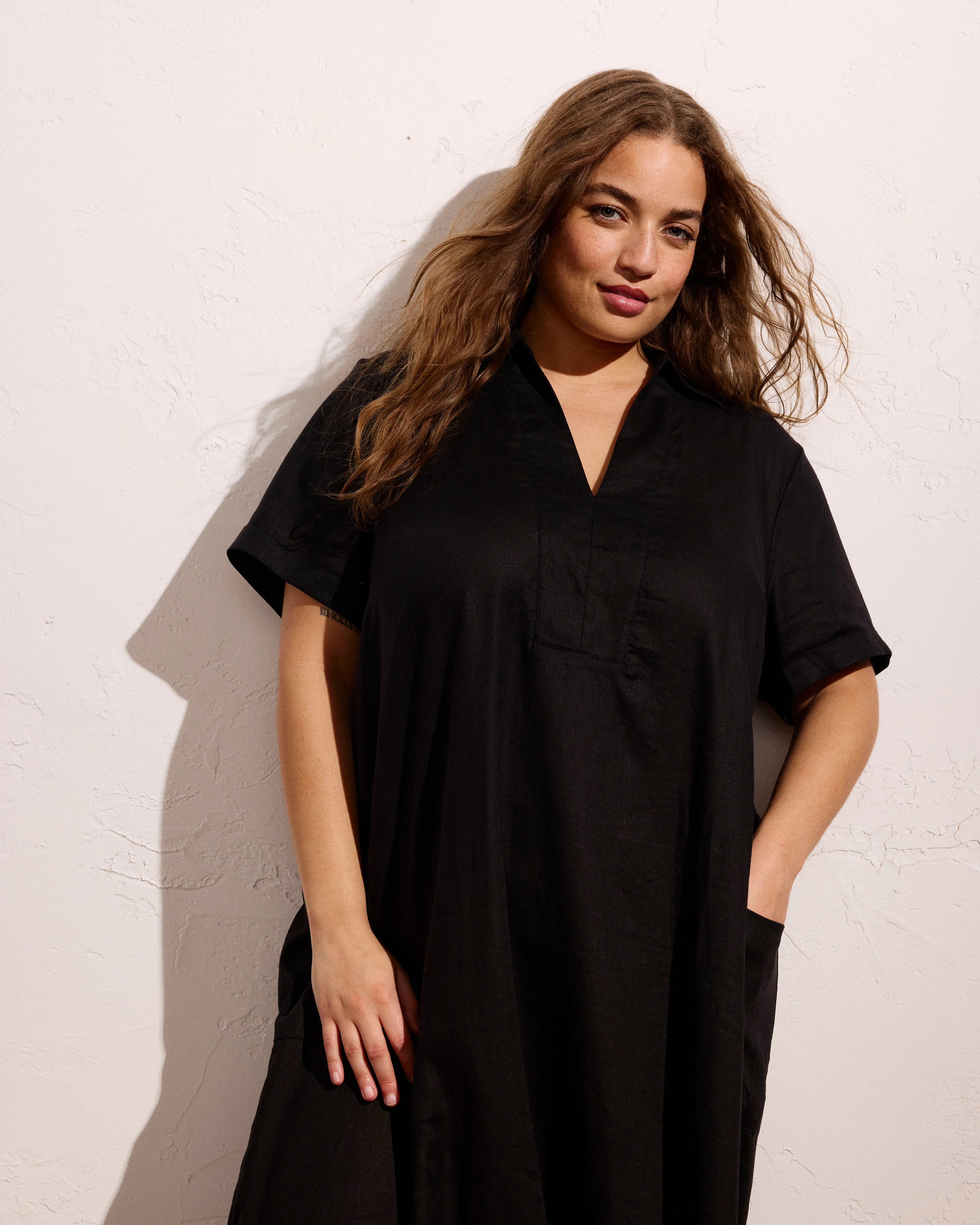 Padma Polo Neck Linen Blend Dress - Black - Image 3