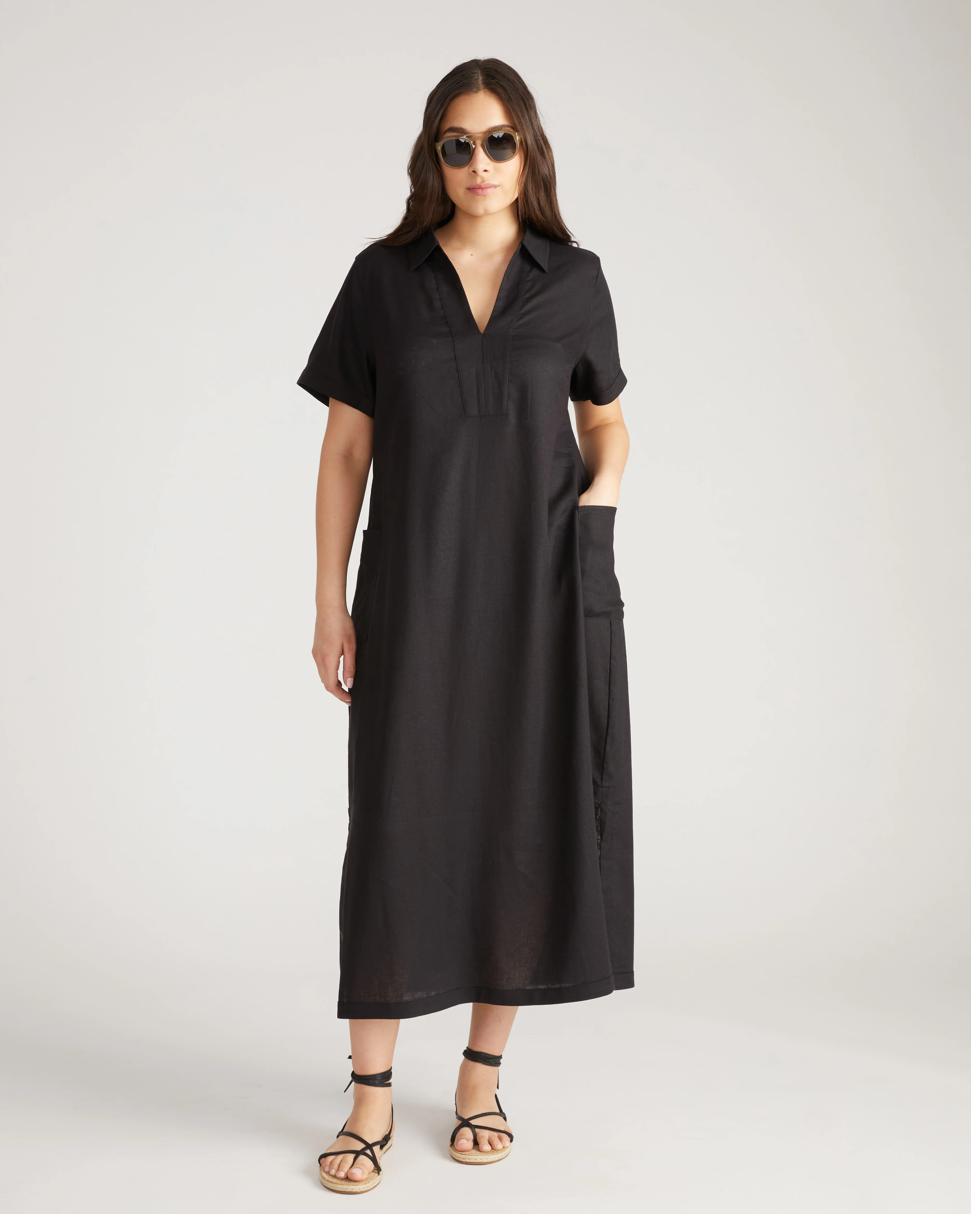 Padma Polo Neck Linen Blend Dress - Black - Image 4