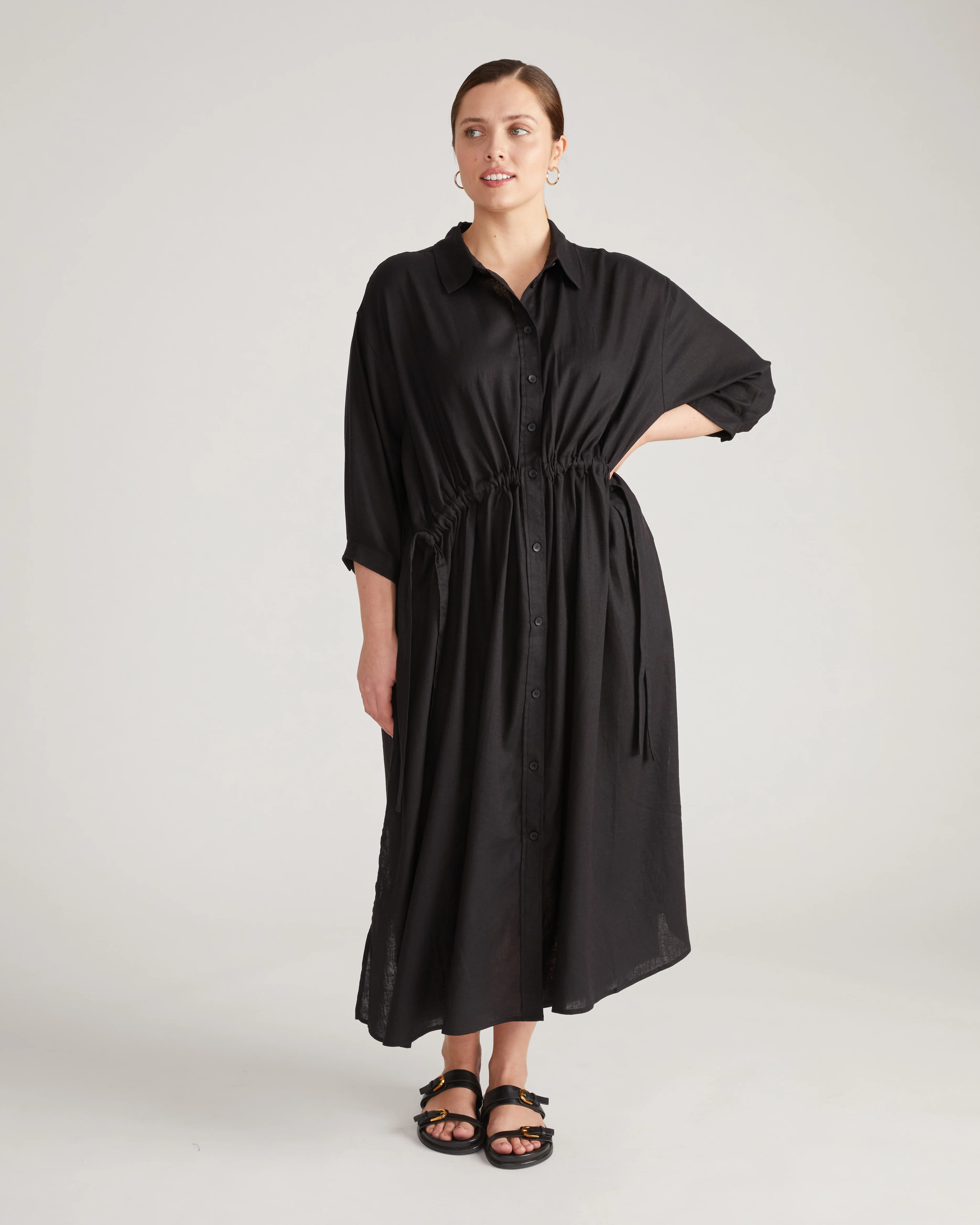 Paros Drawstring Linen Blend Shirtdress - Black - Image 3