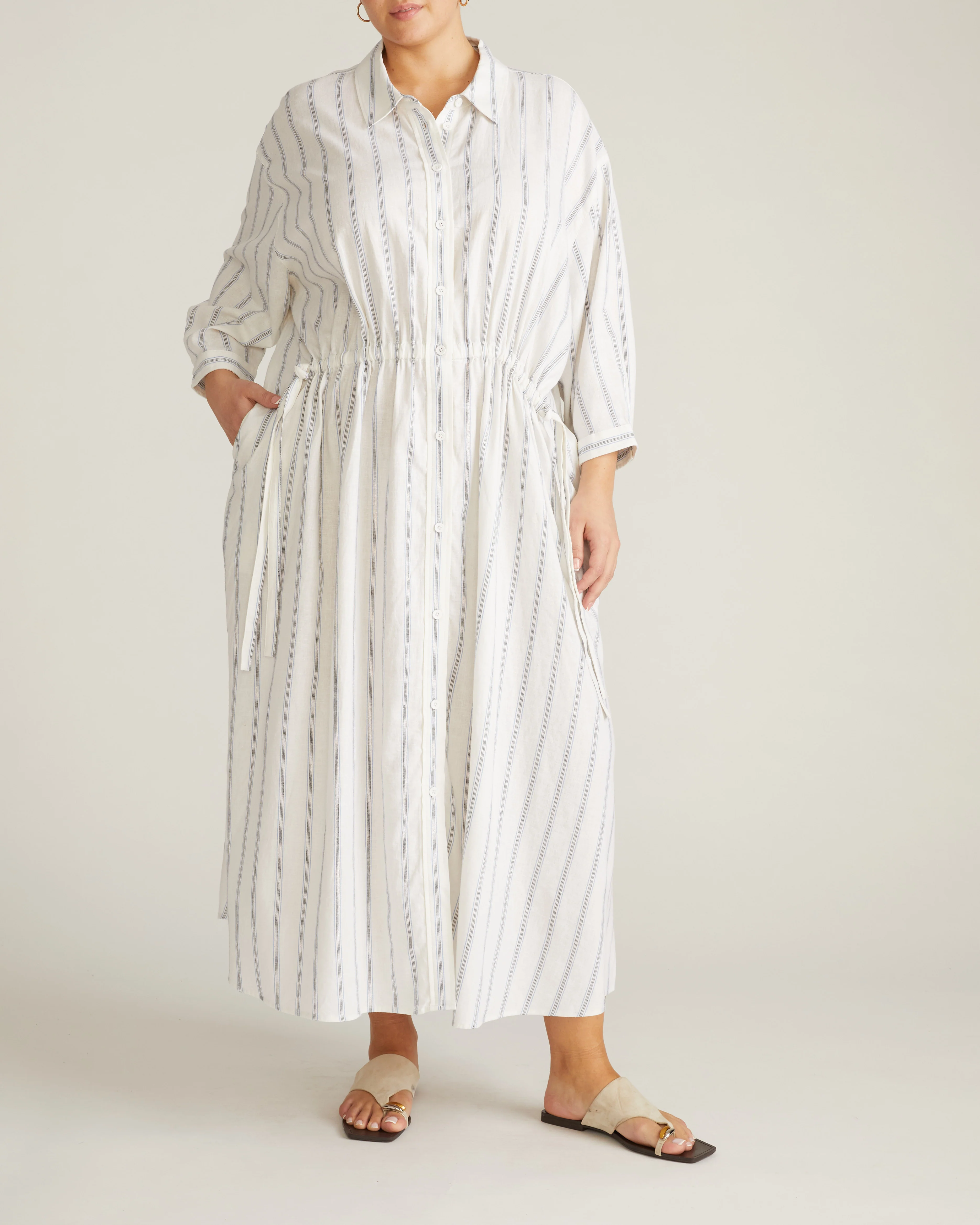 Paros Drawstring Linen Blend Shirtdress - Mayfair Stripe - Image 3