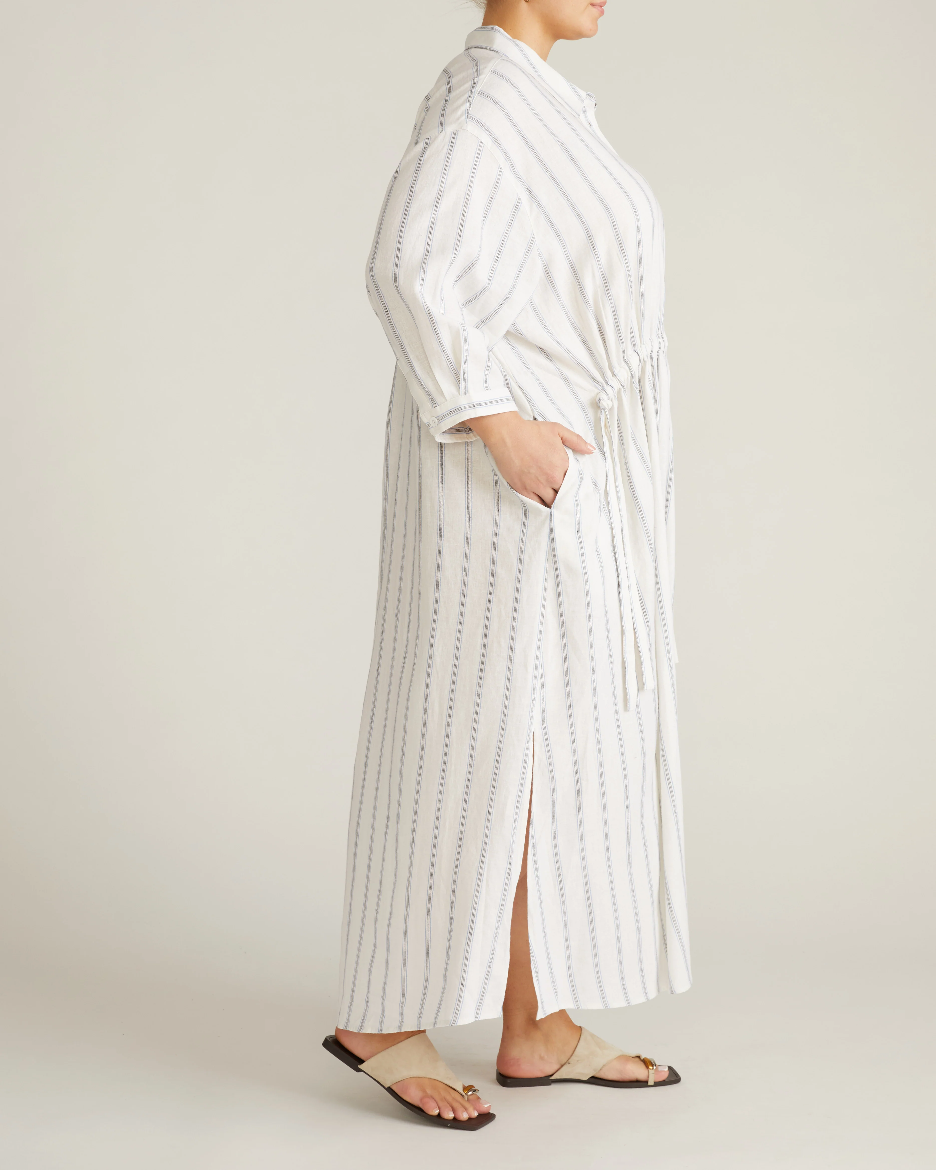Paros Drawstring Linen Blend Shirtdress - Mayfair Stripe - Image 4