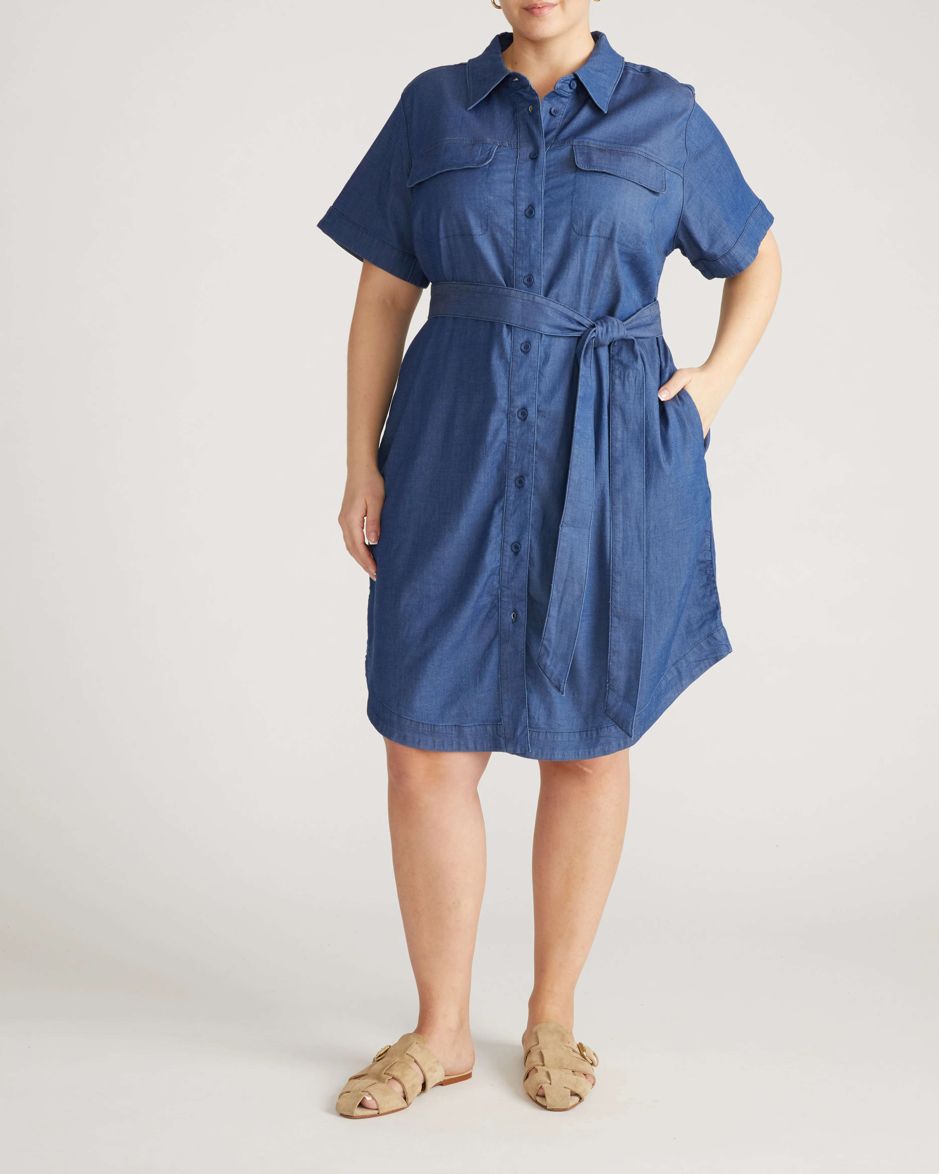 Perfect Tencel Chambray Short Sleeve Shirtdress - Midnight Blue - Image 3