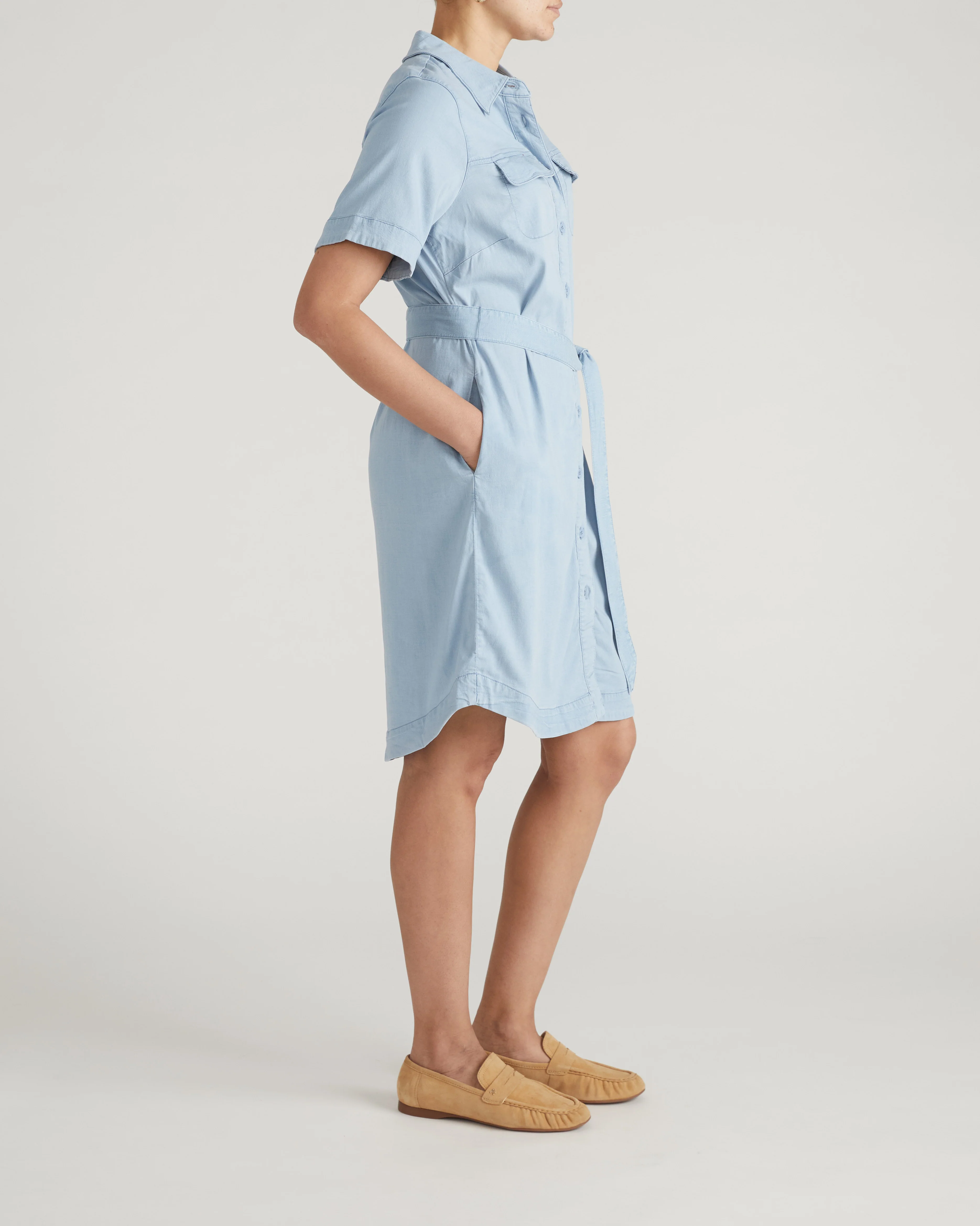Perfect Tencel Chambray Short Sleeve Shirtdress - Morning Blue - Image 4
