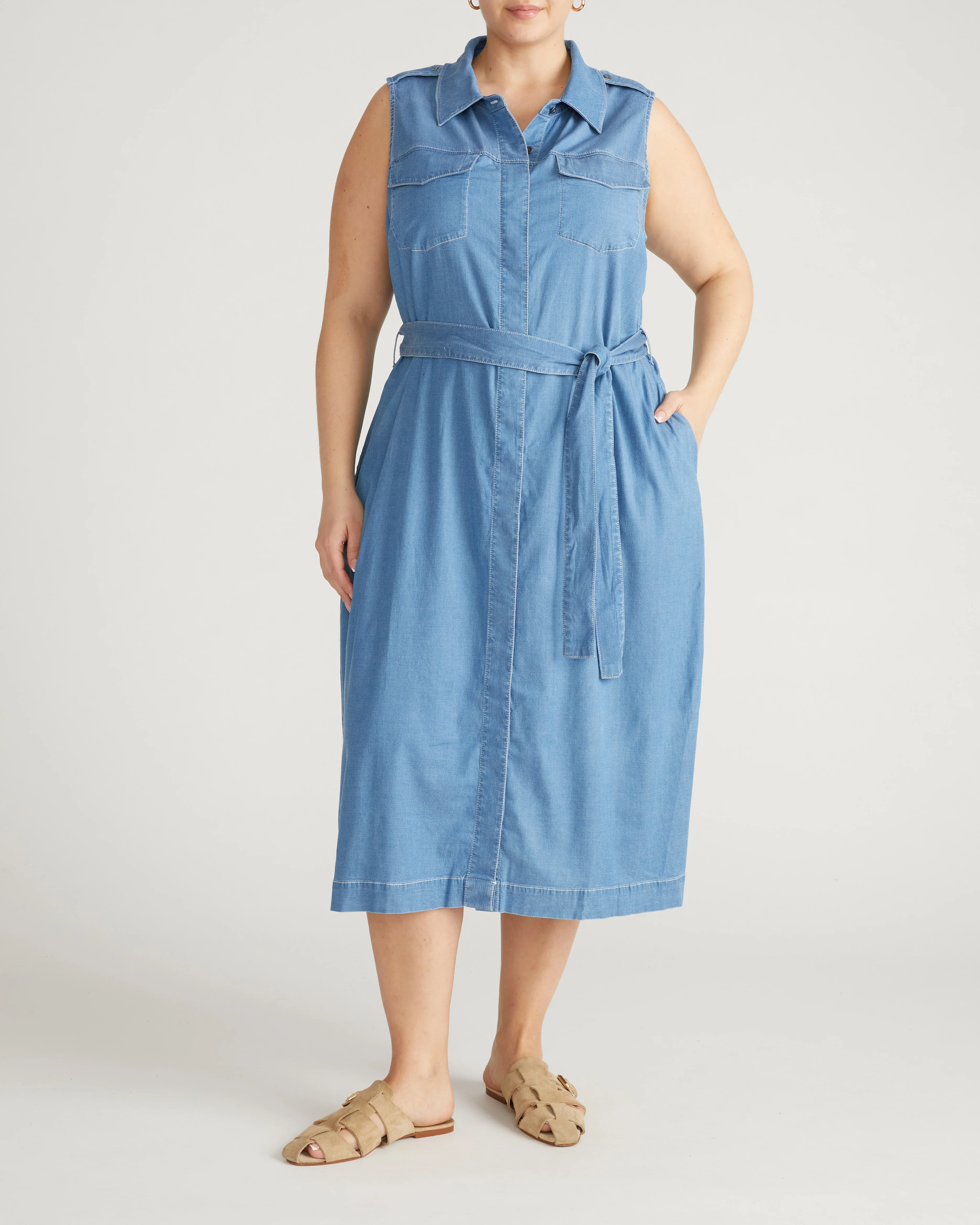 Perfect Tencel Chambray Sleeveless Savannah Shirtdress - Cove Blue - Image 3