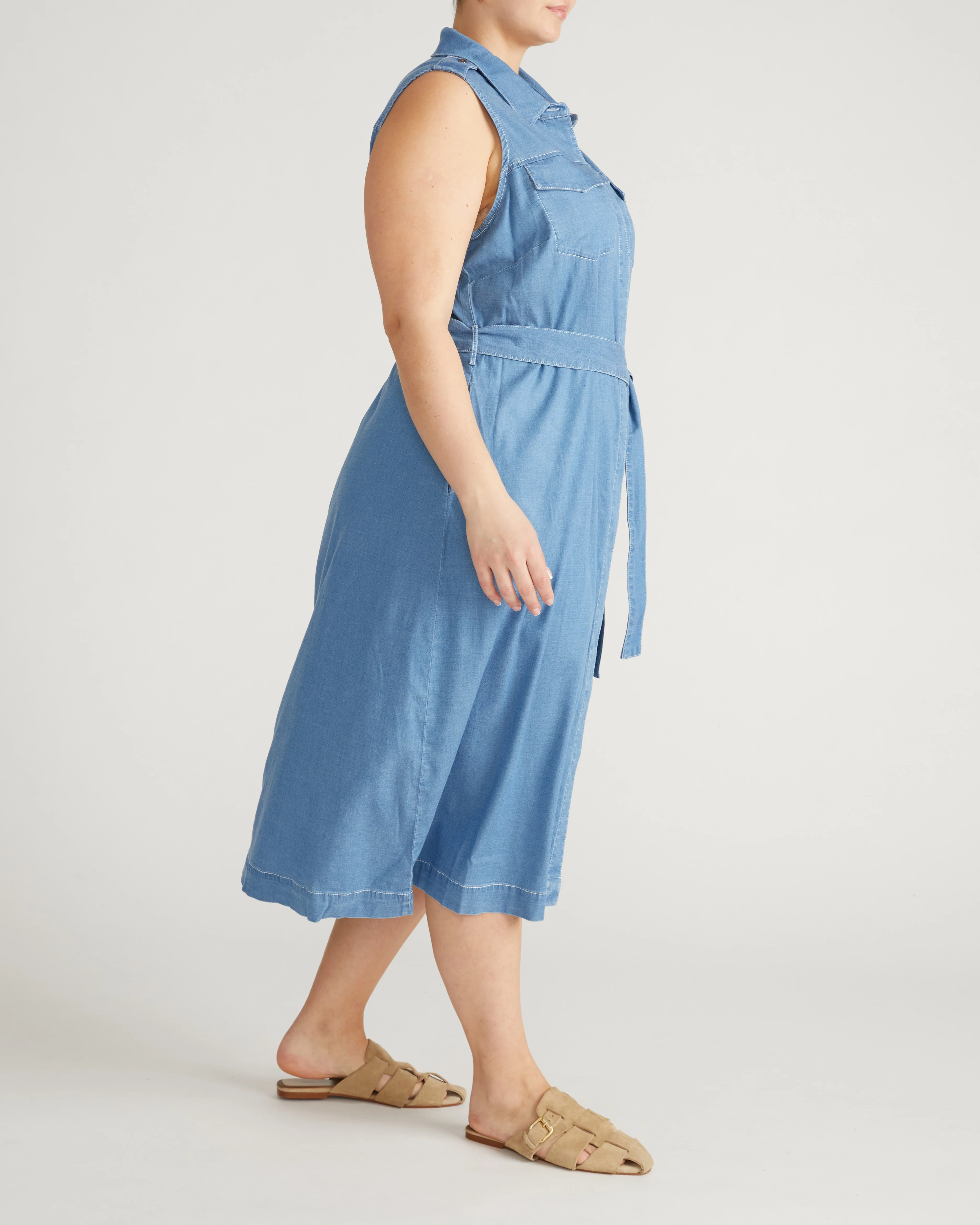 Perfect Tencel Chambray Sleeveless Savannah Shirtdress - Cove Blue - Image 4