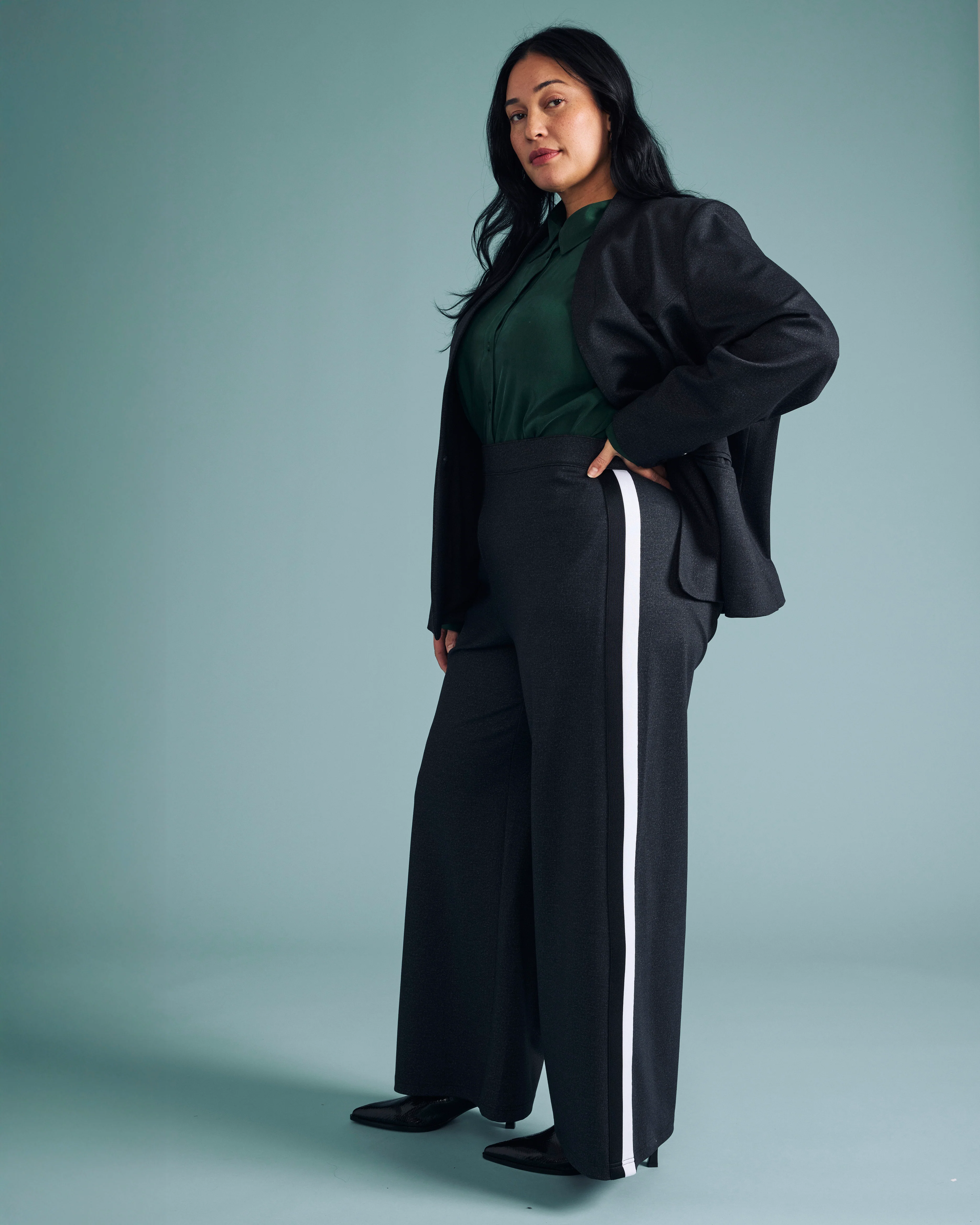 PowerPonte Denim Stephanie Pants - Charcoal with Black/White Stripe