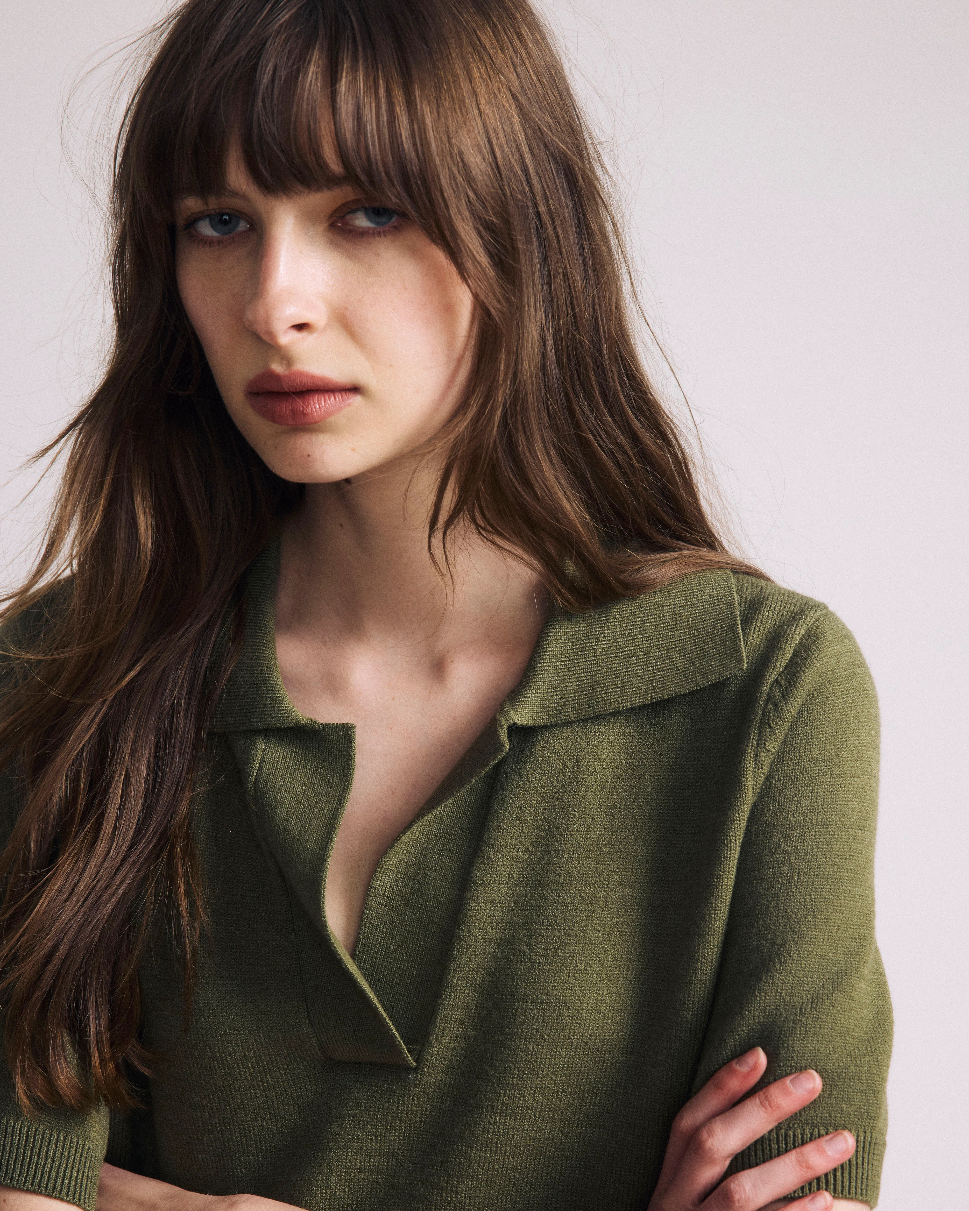 Savvy Fine Knit Short Sleeve Polo Sweater - Olive Leaf