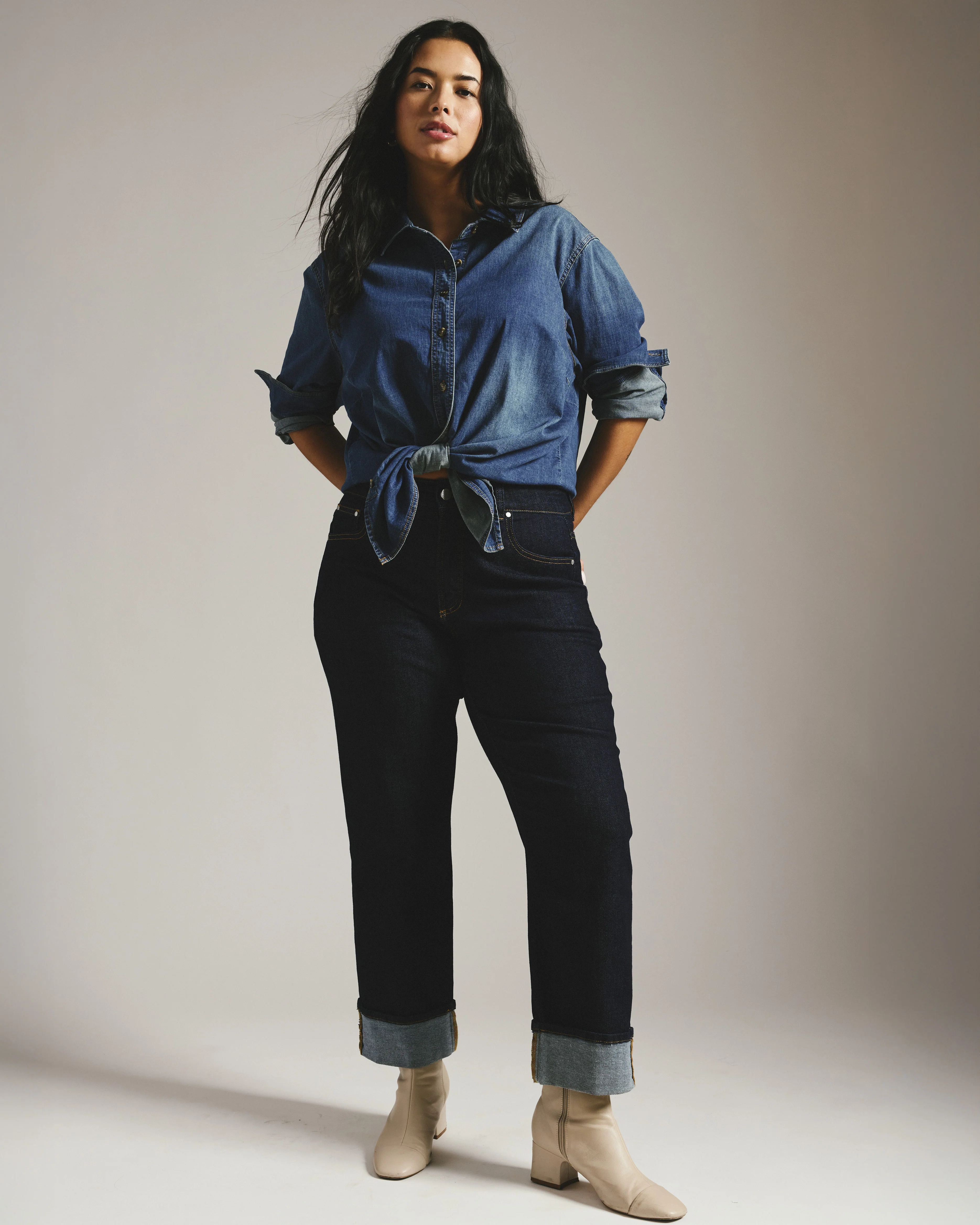Stevie High Rise Cuffed Straight Leg Jeans - Vintage Indigo Selvedge