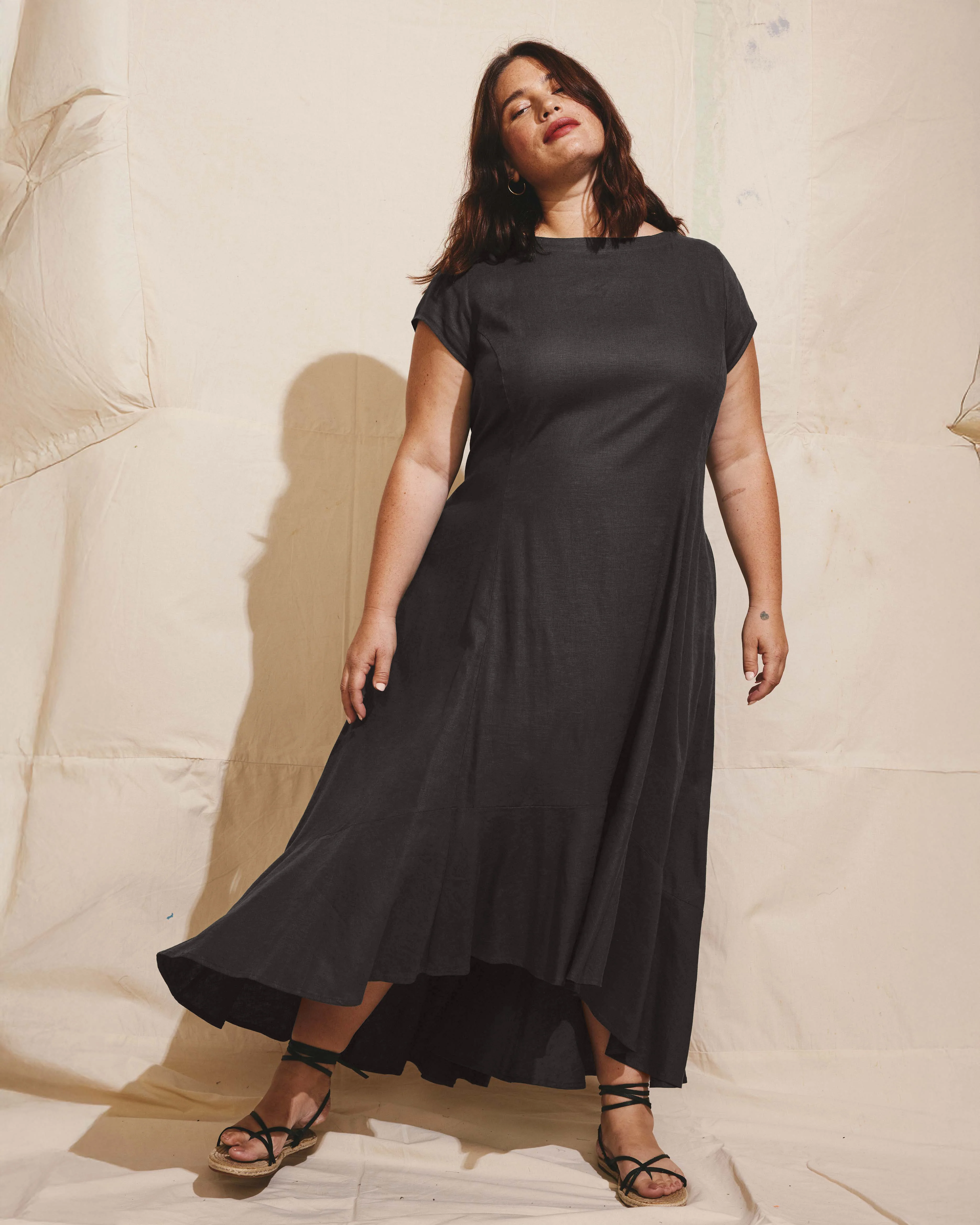 Sunset Linen Blend Flounce Dress - Black - Image 3