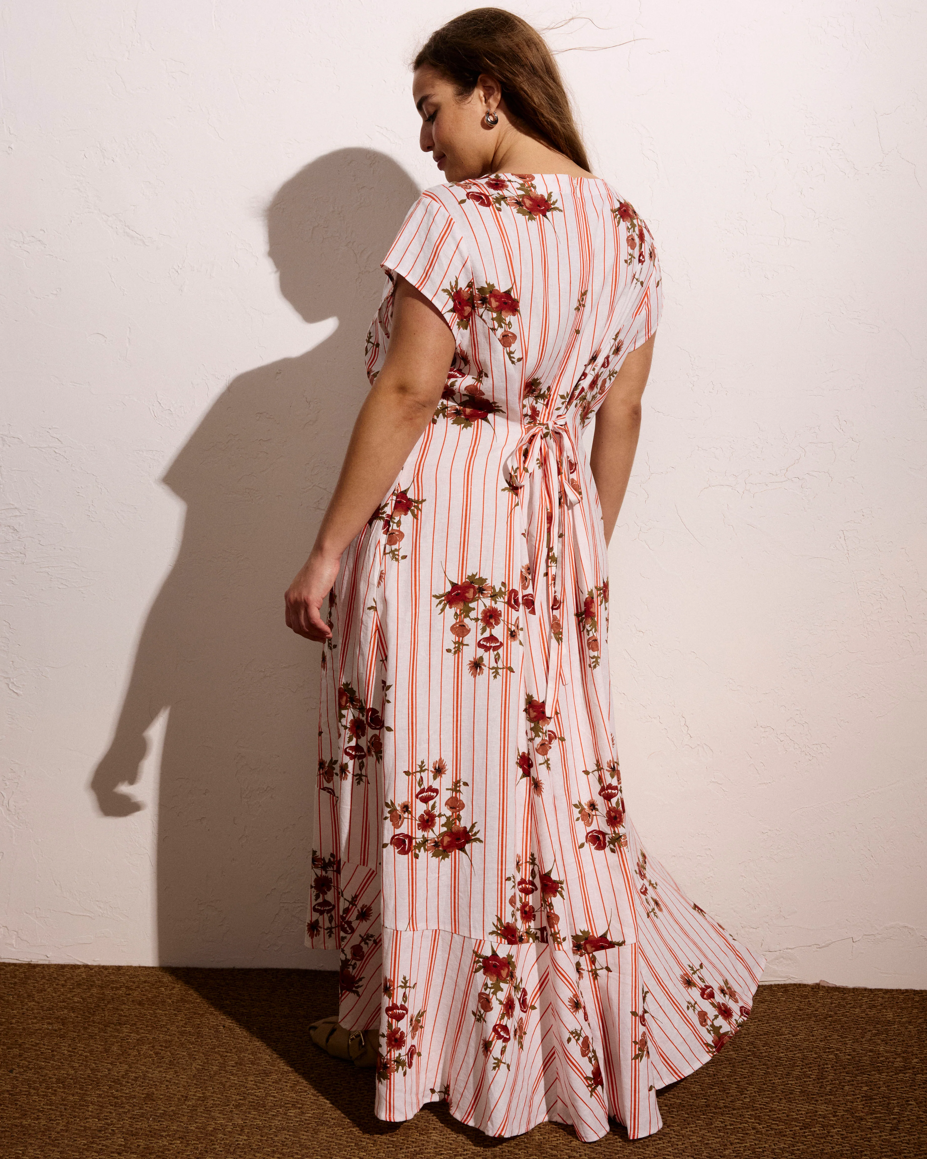 Sunset Linen Blend Flounce Dress - Wild Flower Bouquet Print on Stripes - Image 3