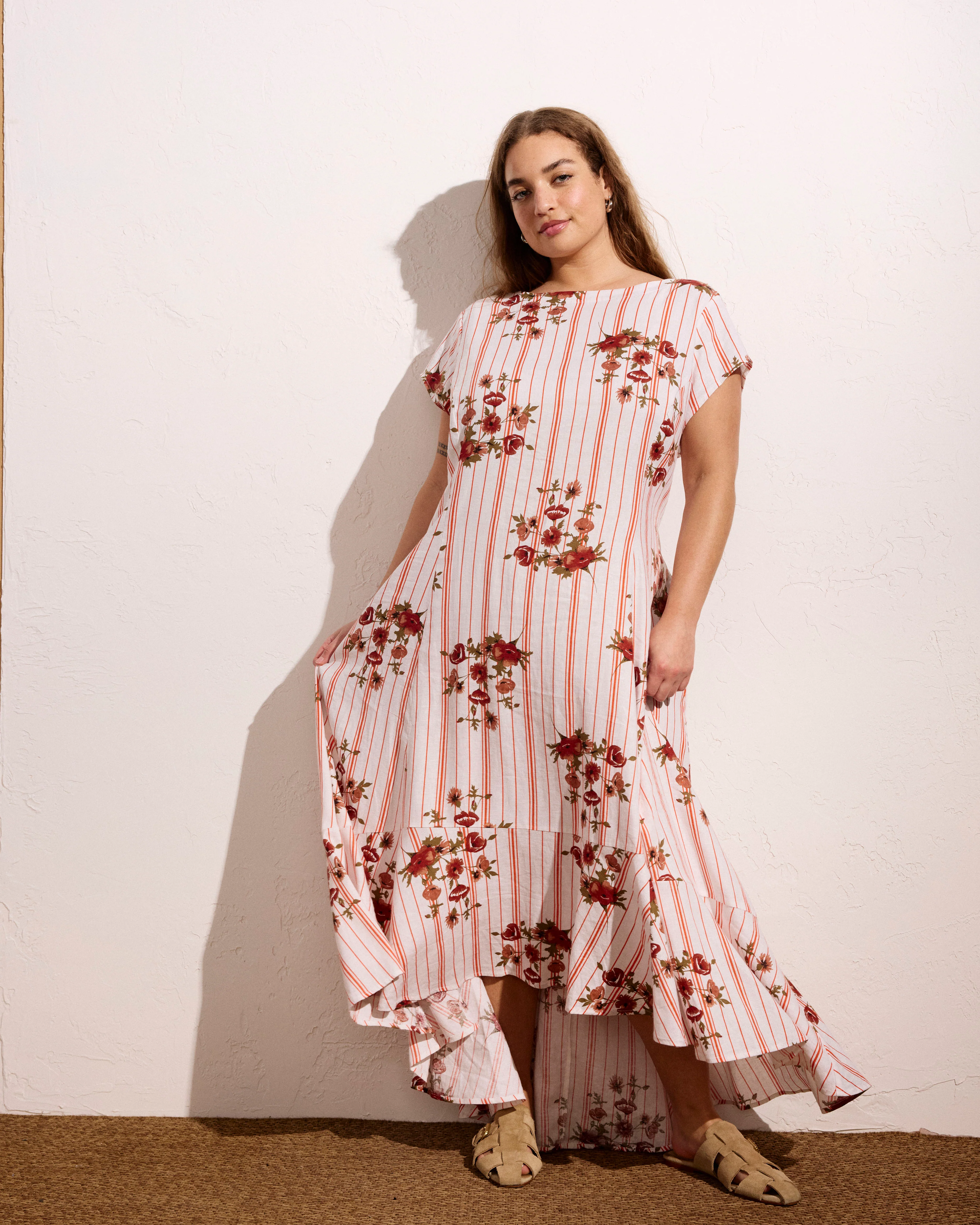 Sunset Linen Blend Flounce Dress - Wild Flower Bouquet Print on Stripes - Image 4