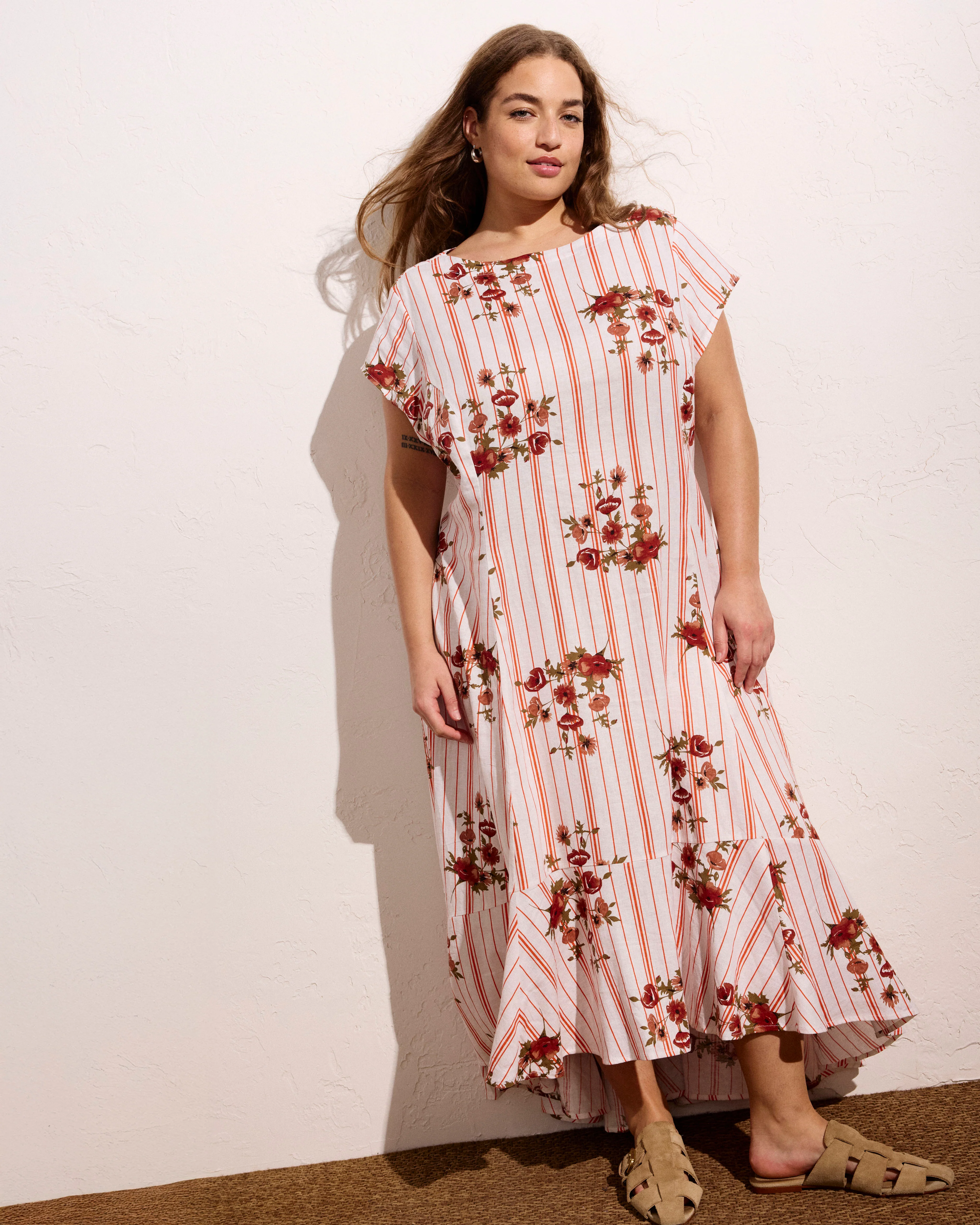 Sunset Linen Blend Flounce Dress - Wild Flower Bouquet Print on Stripes - Image 5