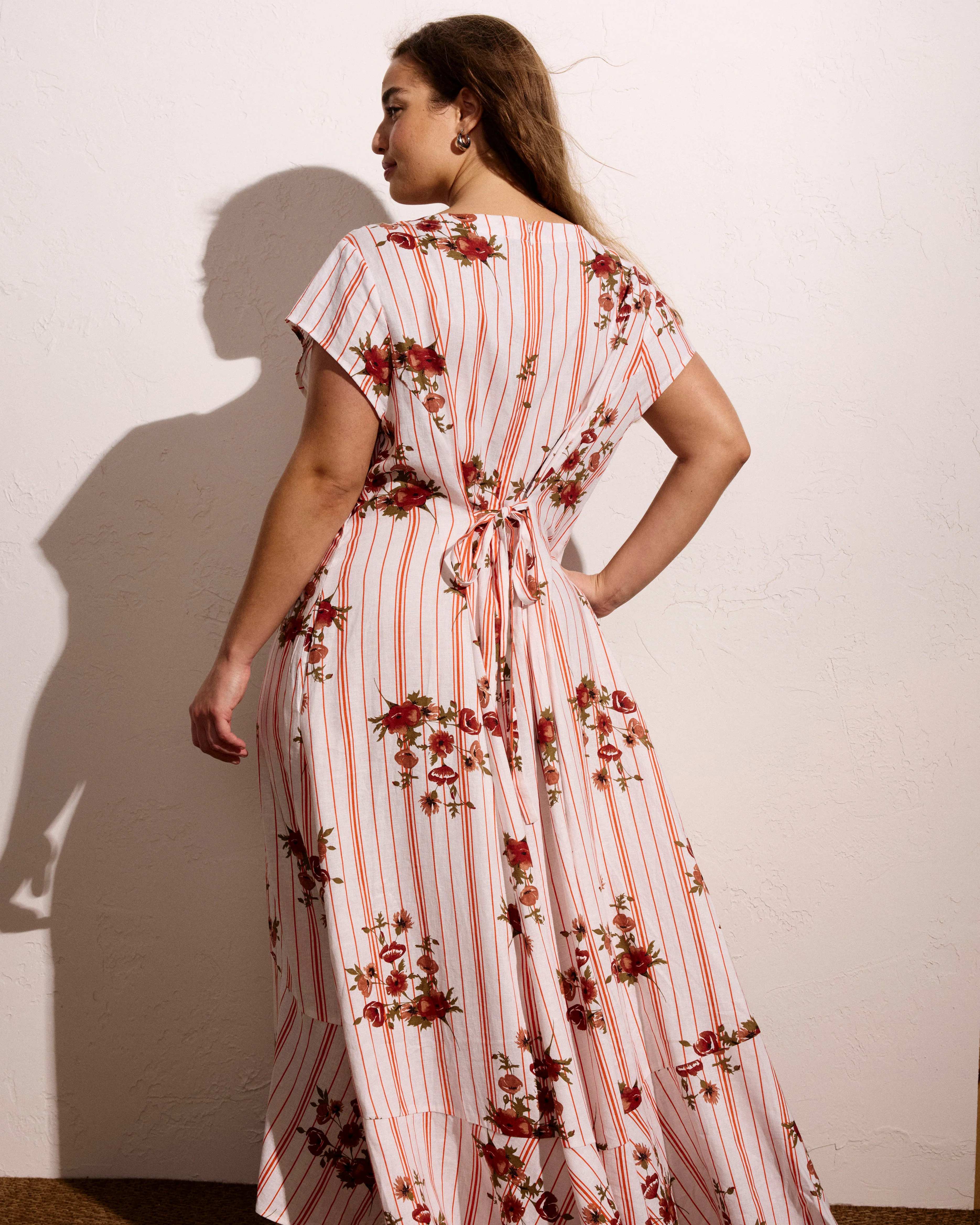 Sunset Linen Blend Flounce Dress - Wild Flower Bouquet Print on Stripes - Image 6