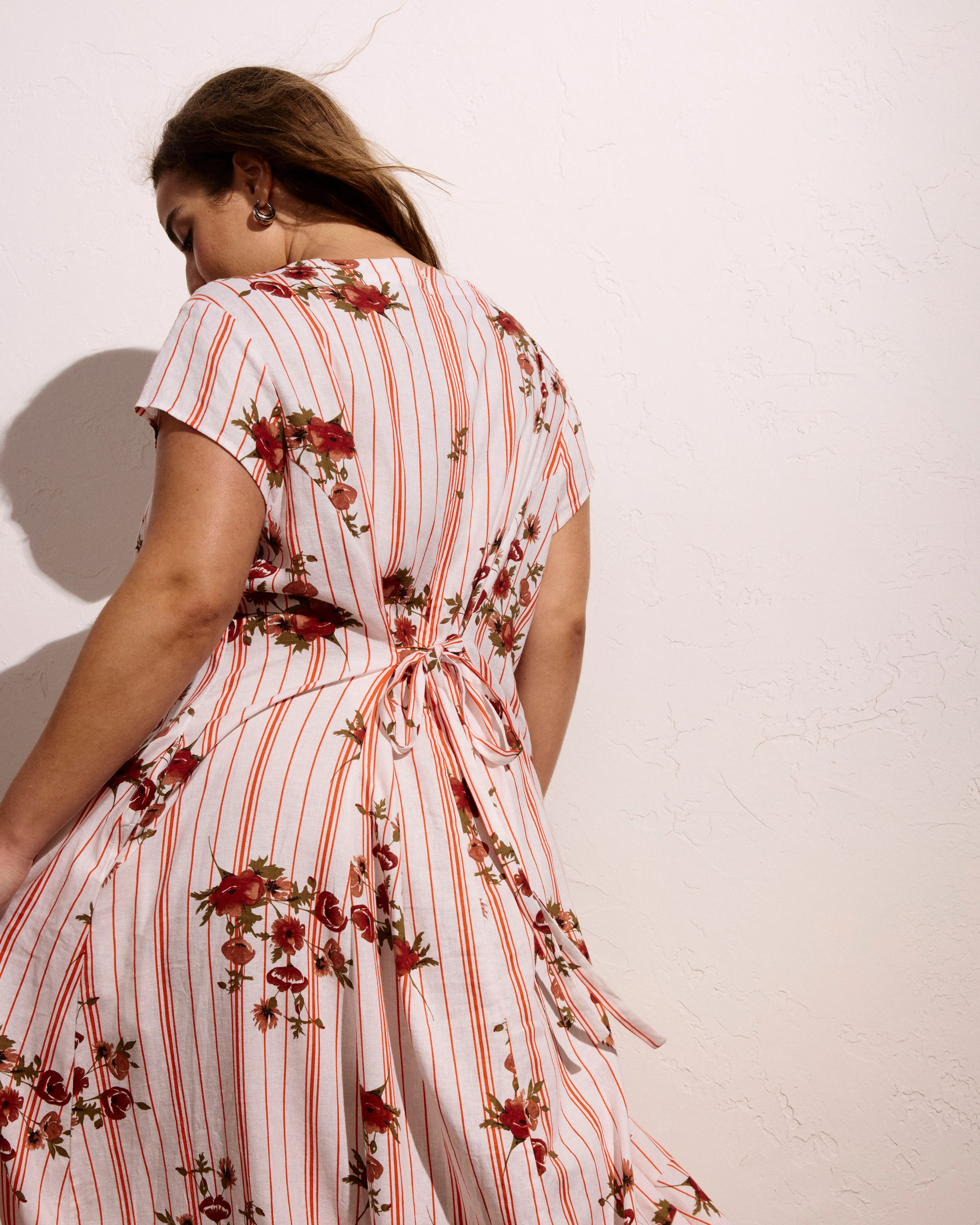 Sunset Linen Blend Flounce Dress - Wild Flower Bouquet Print on Stripes - Image 7