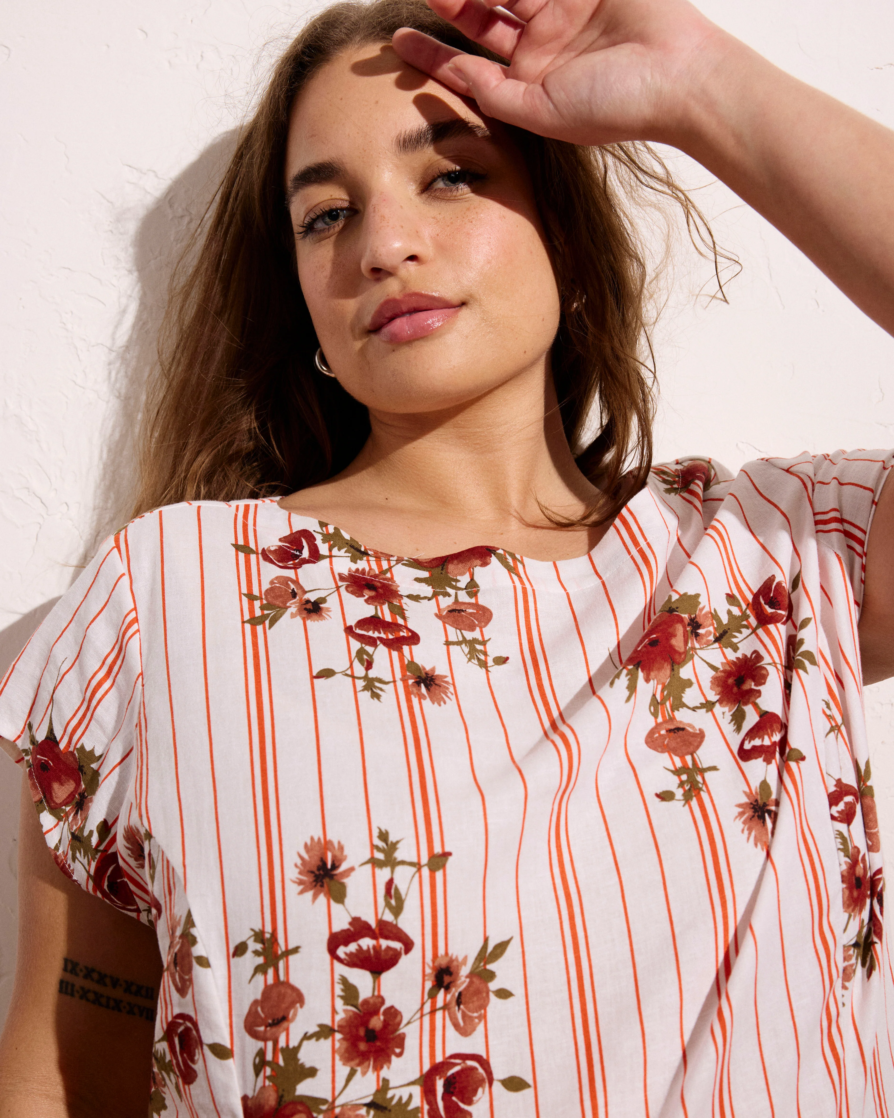Sunset Linen Blend Flounce Dress - Wild Flower Bouquet Print on Stripes - Image 8