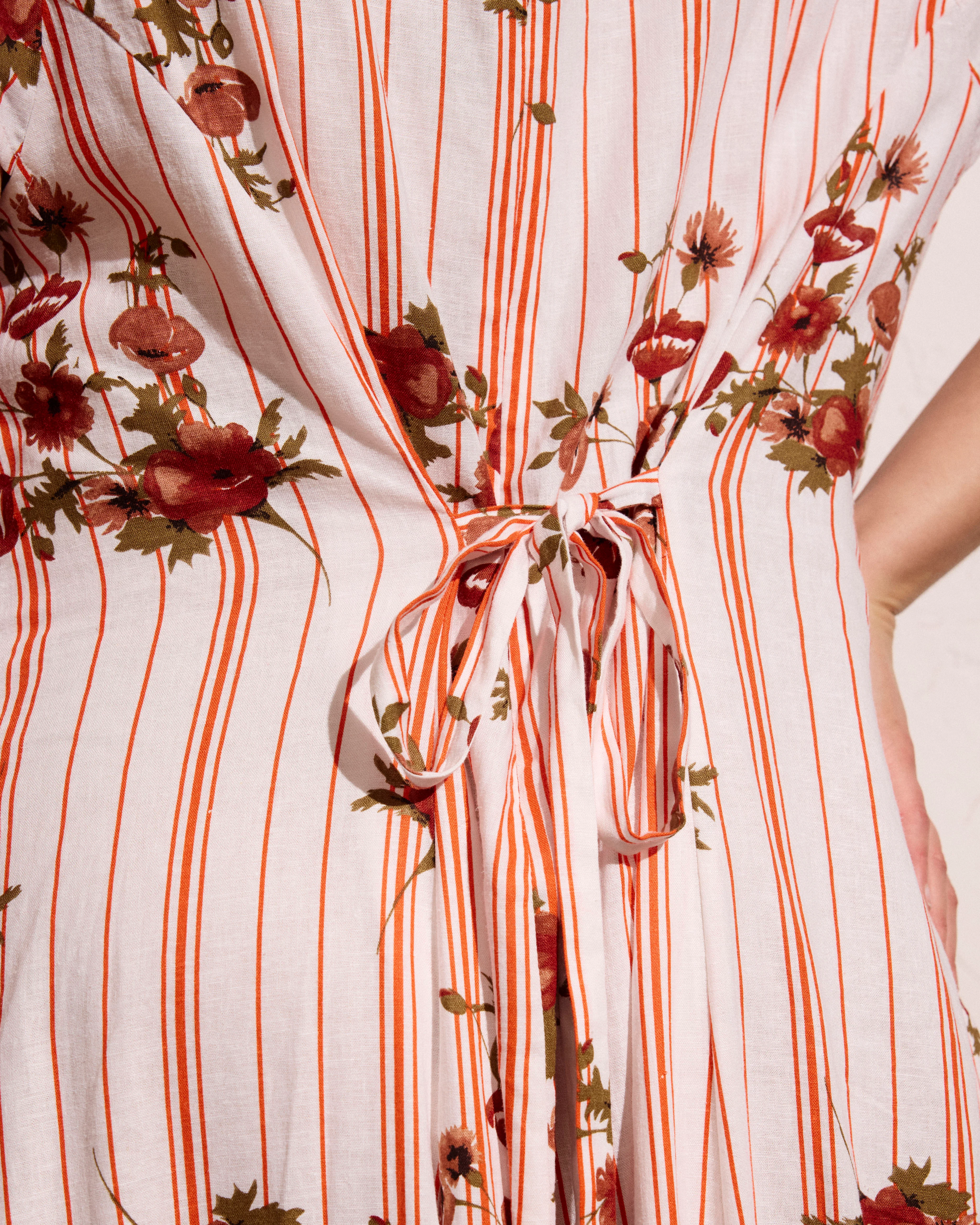 Sunset Linen Blend Flounce Dress - Wild Flower Bouquet Print on Stripes - Image 9
