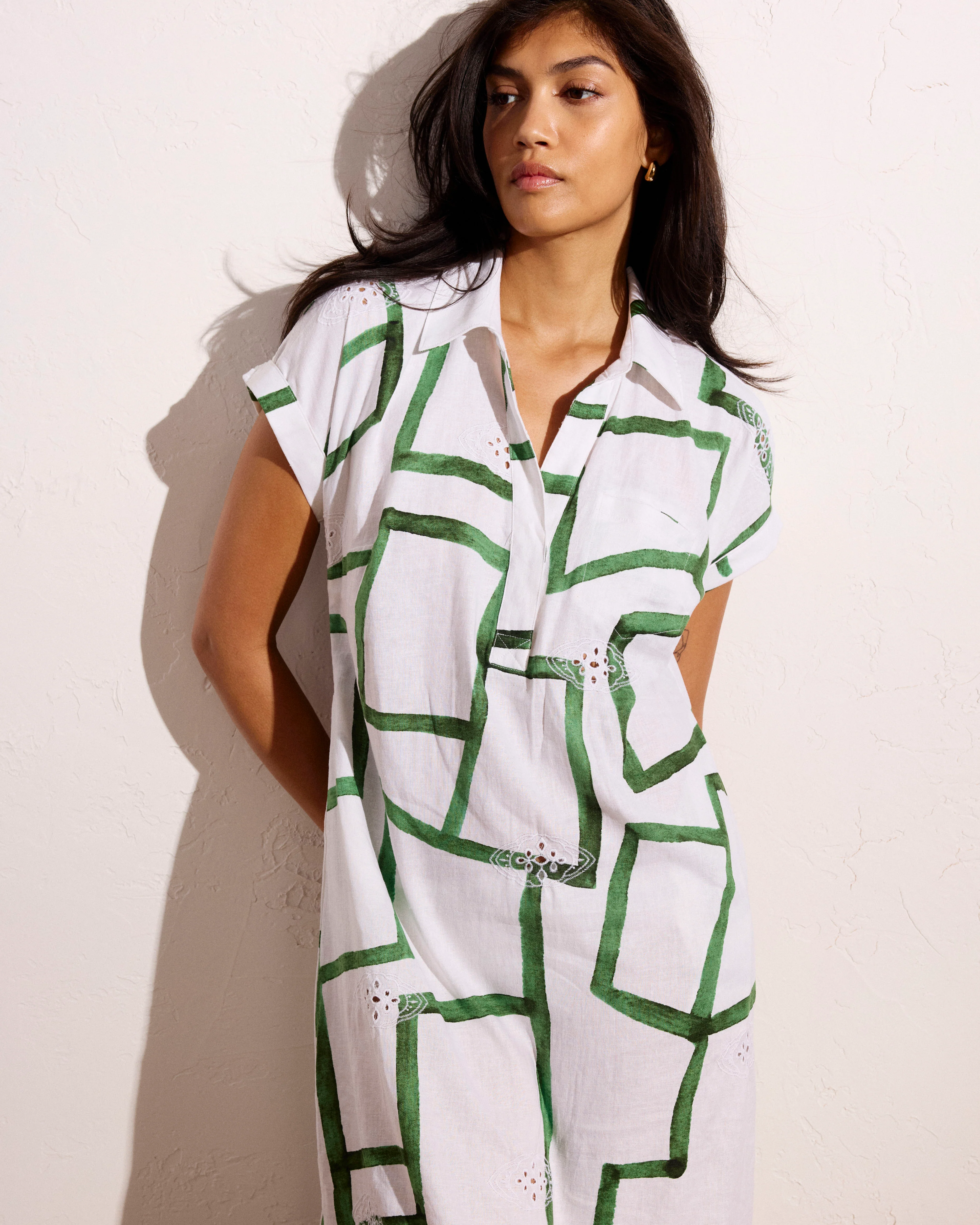 Sunshine Linen Blend Polo Dress - Green Paint Print - Image 3