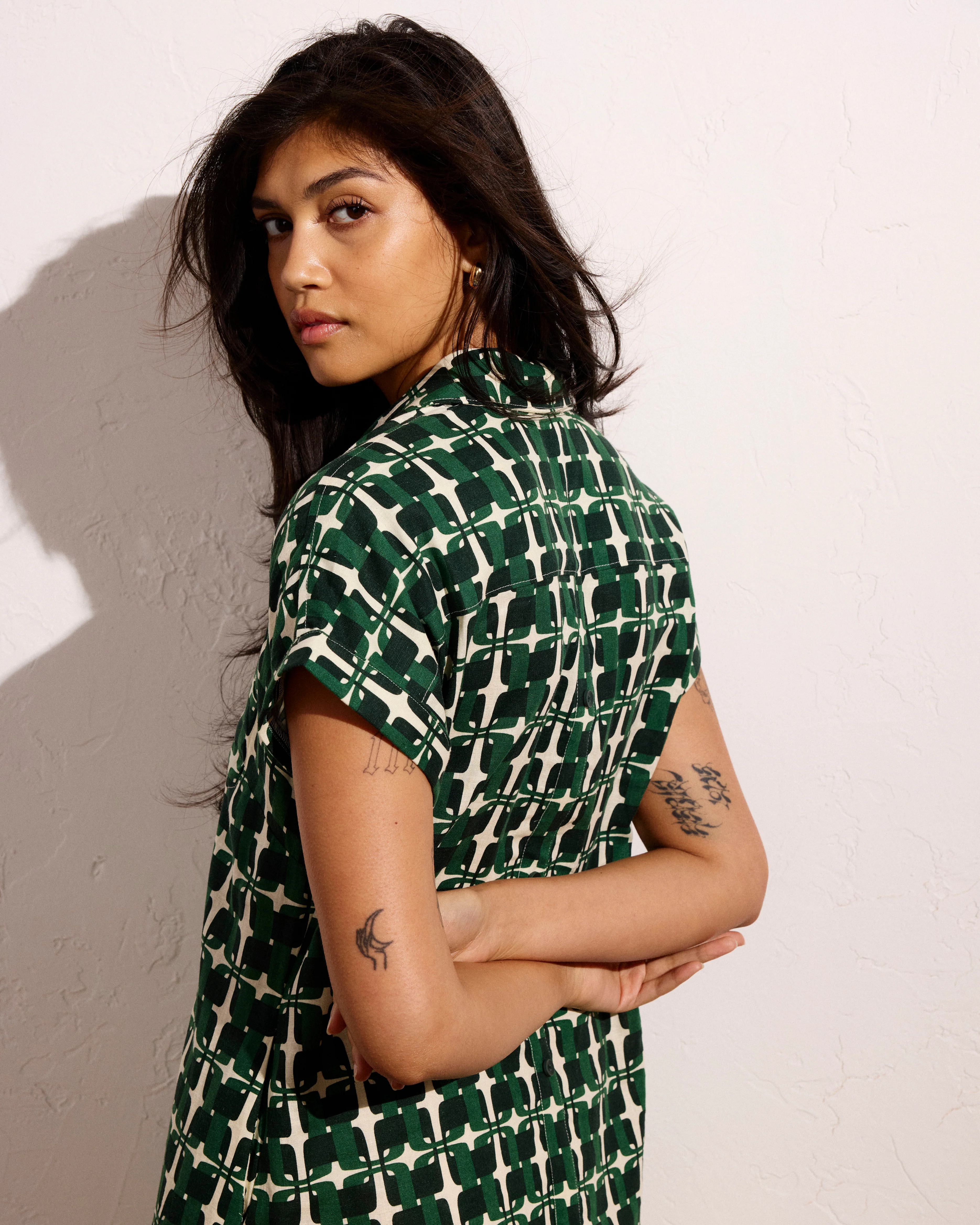 Sunshine Linen Blend Polo Dress - Green Trellis Print - Image 4