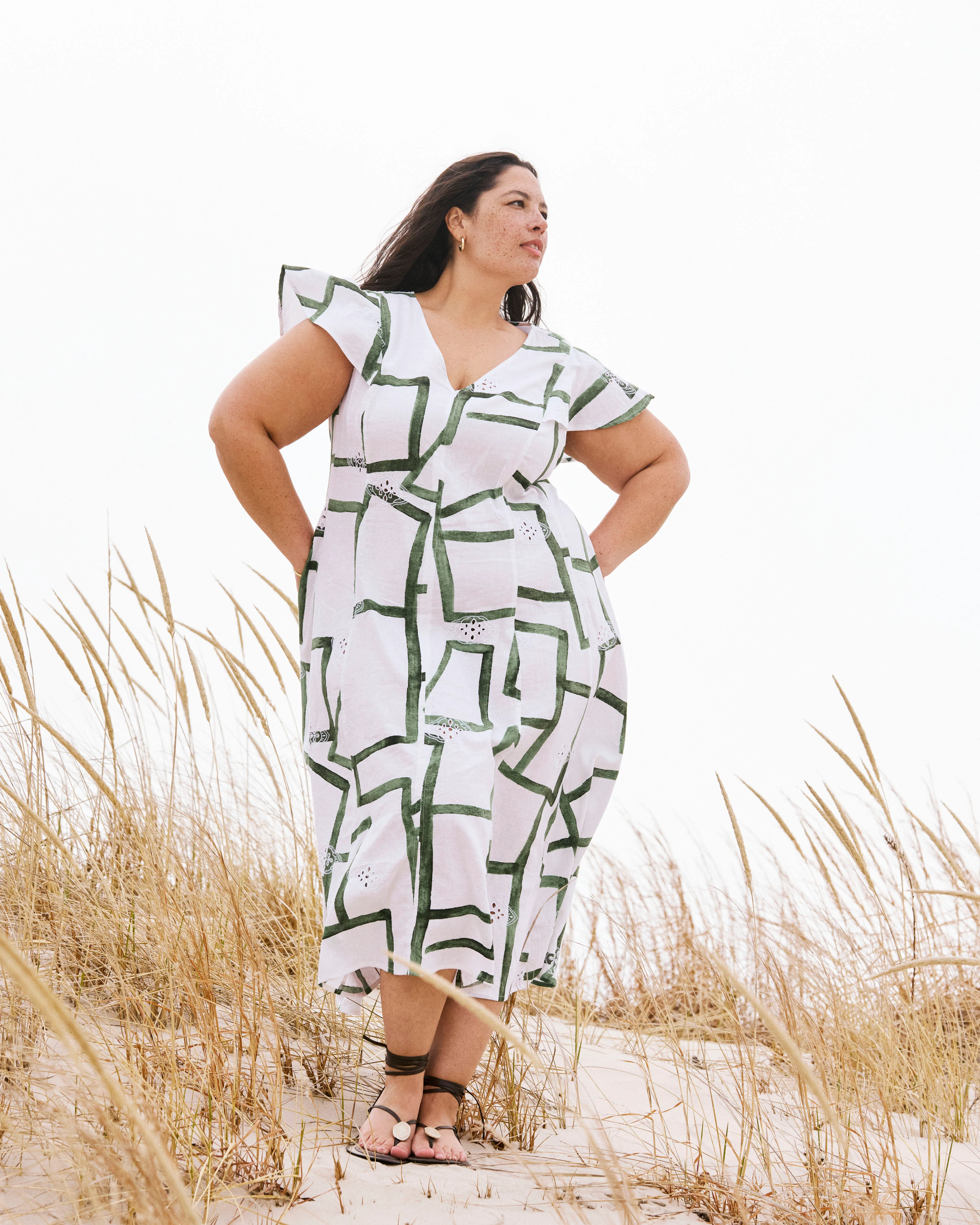 Victoria Linen Blend Dress - Green Paint Print - Image 3