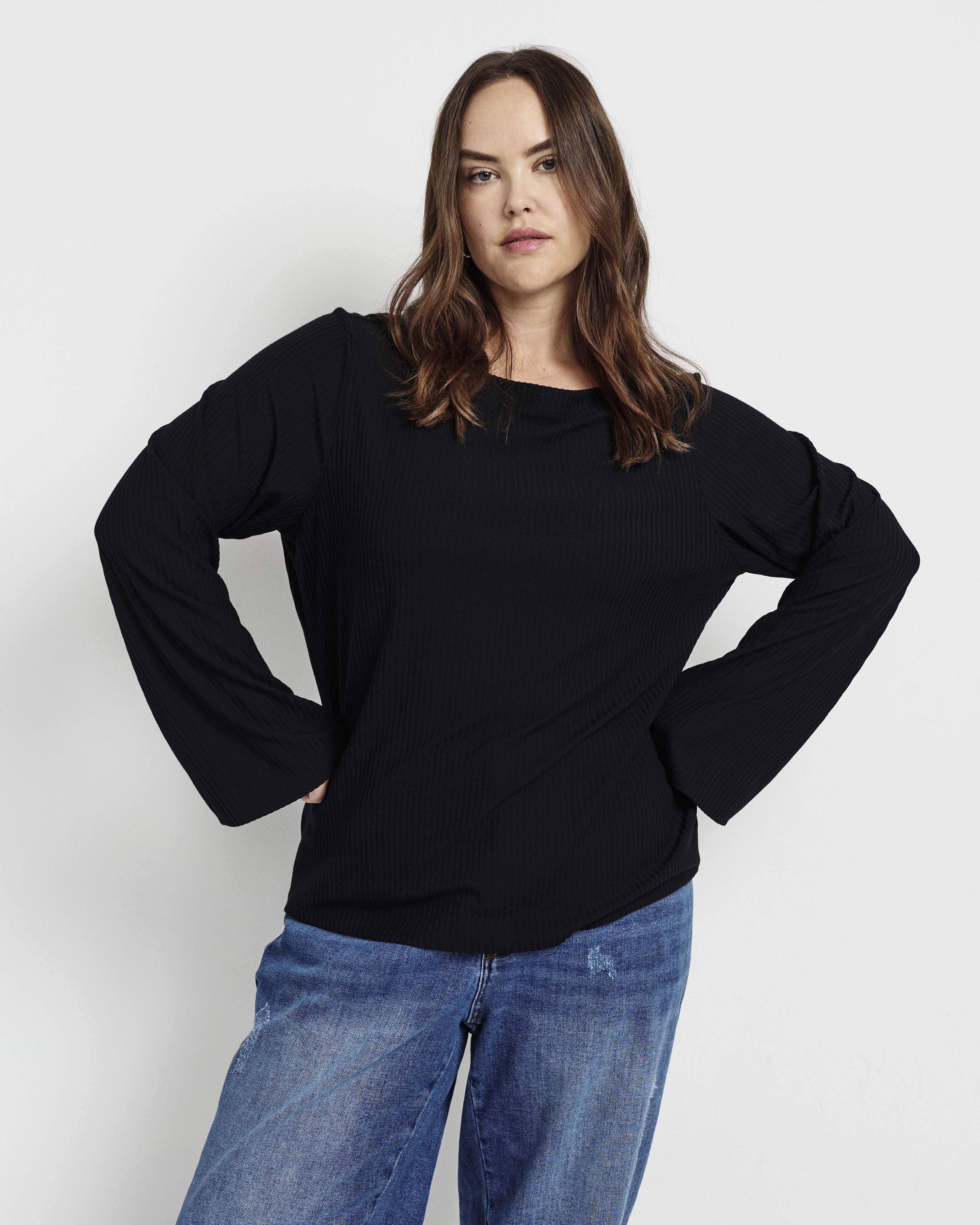 Yasmin Flare Sleeve Ribbed Top - Black - Image 3